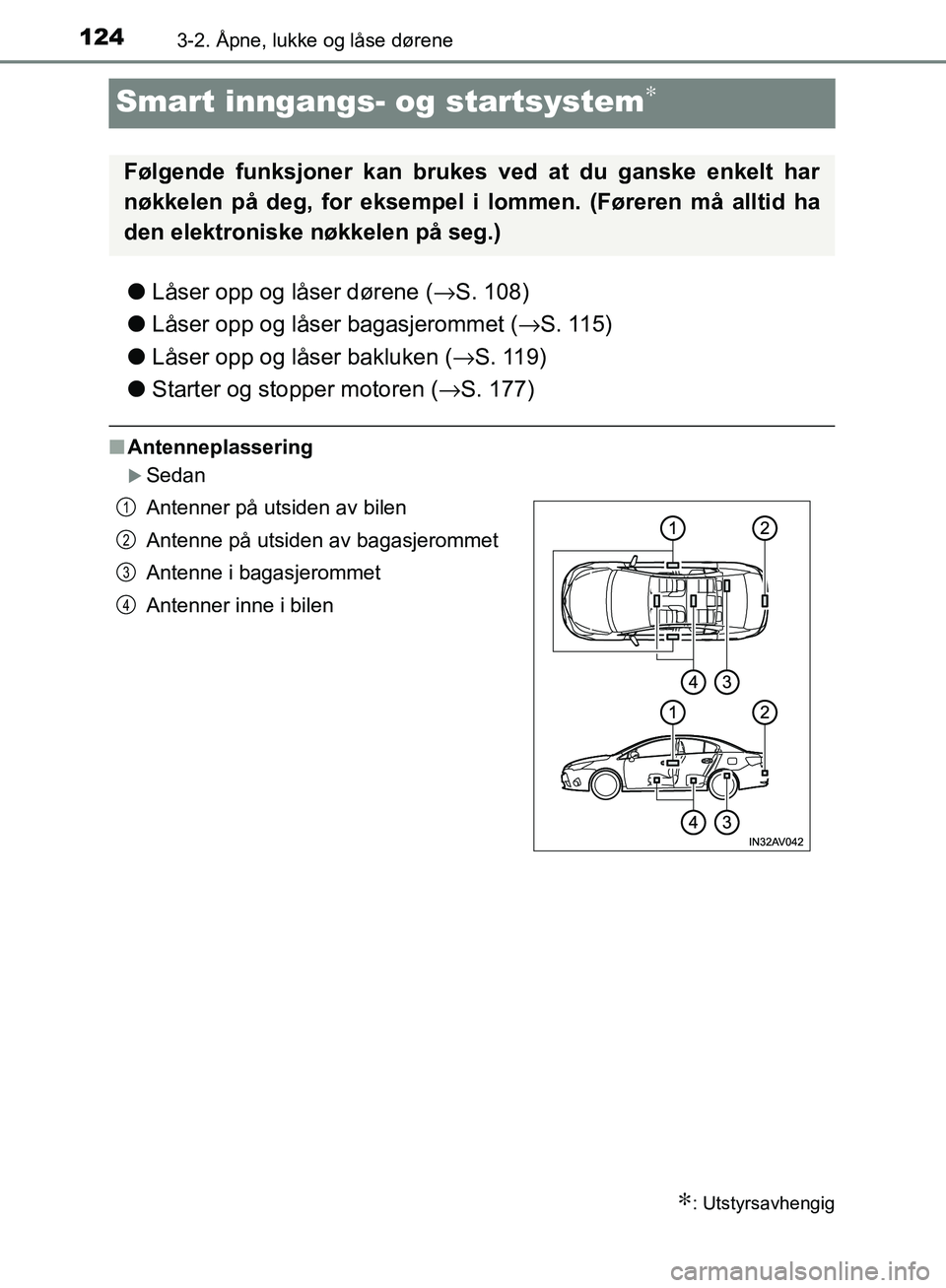 TOYOTA AVENSIS 2018  Instruksjoner for bruk (in Norwegian) 1243-2. Åpne, lukke og låse dørene
AVENSIS_OM20C79NO
Smart inngangs- og startsystem∗
lLåser opp og låser dørene ( →S. 108)
l Låser opp og låser bagasjerommet ( →S. 115)
l Låser opp og l