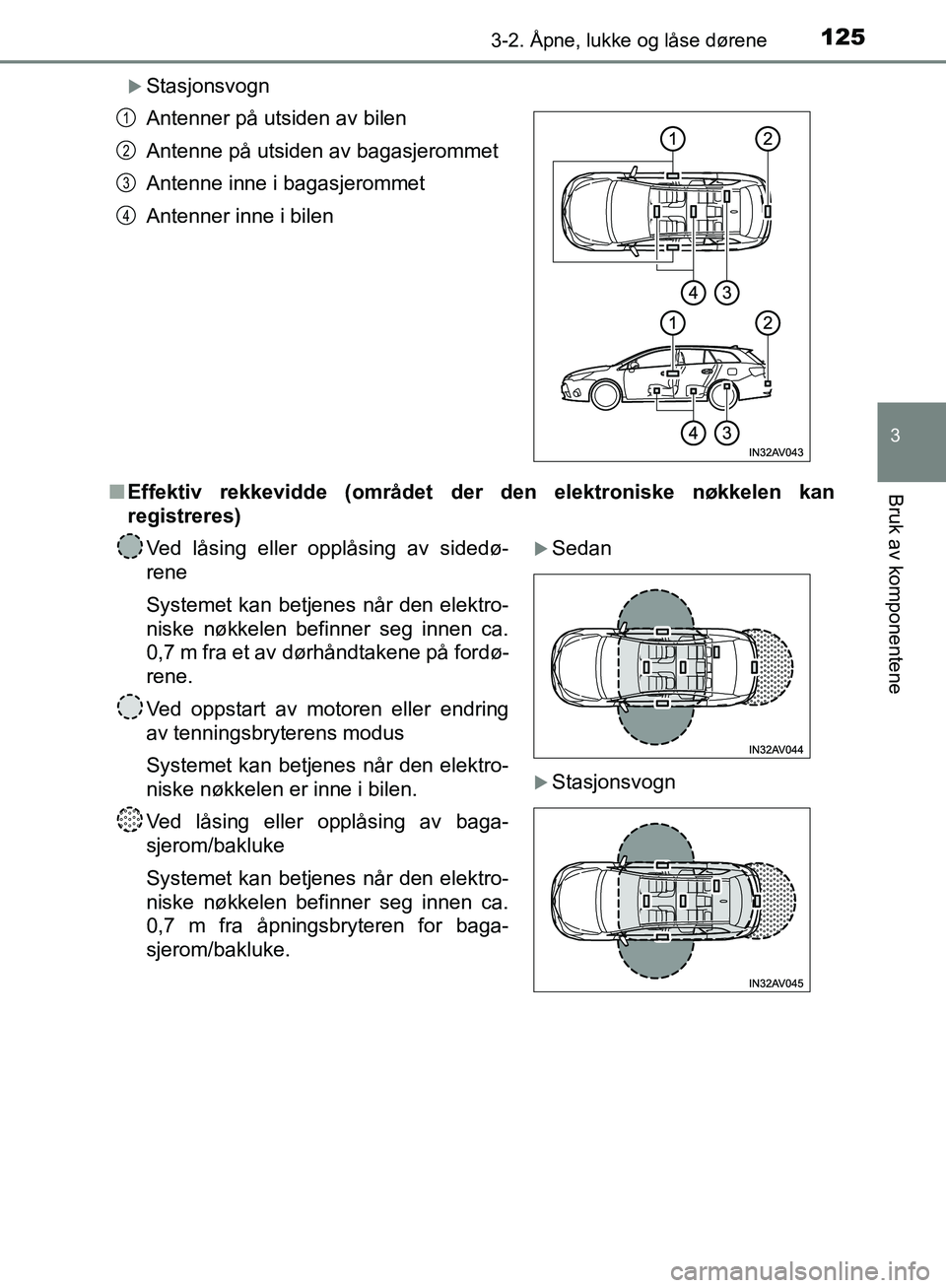 TOYOTA AVENSIS 2018  Instruksjoner for bruk (in Norwegian) 1253-2. Åpne, lukke og låse dørene
3
Bruk av komponentene
AVENSIS_OM20C79NO
Stasjonsvogn
n Effektiv rekkevidde (området der den elektroniske nøkkelen kan
registreres)Antenner på utsiden av bi