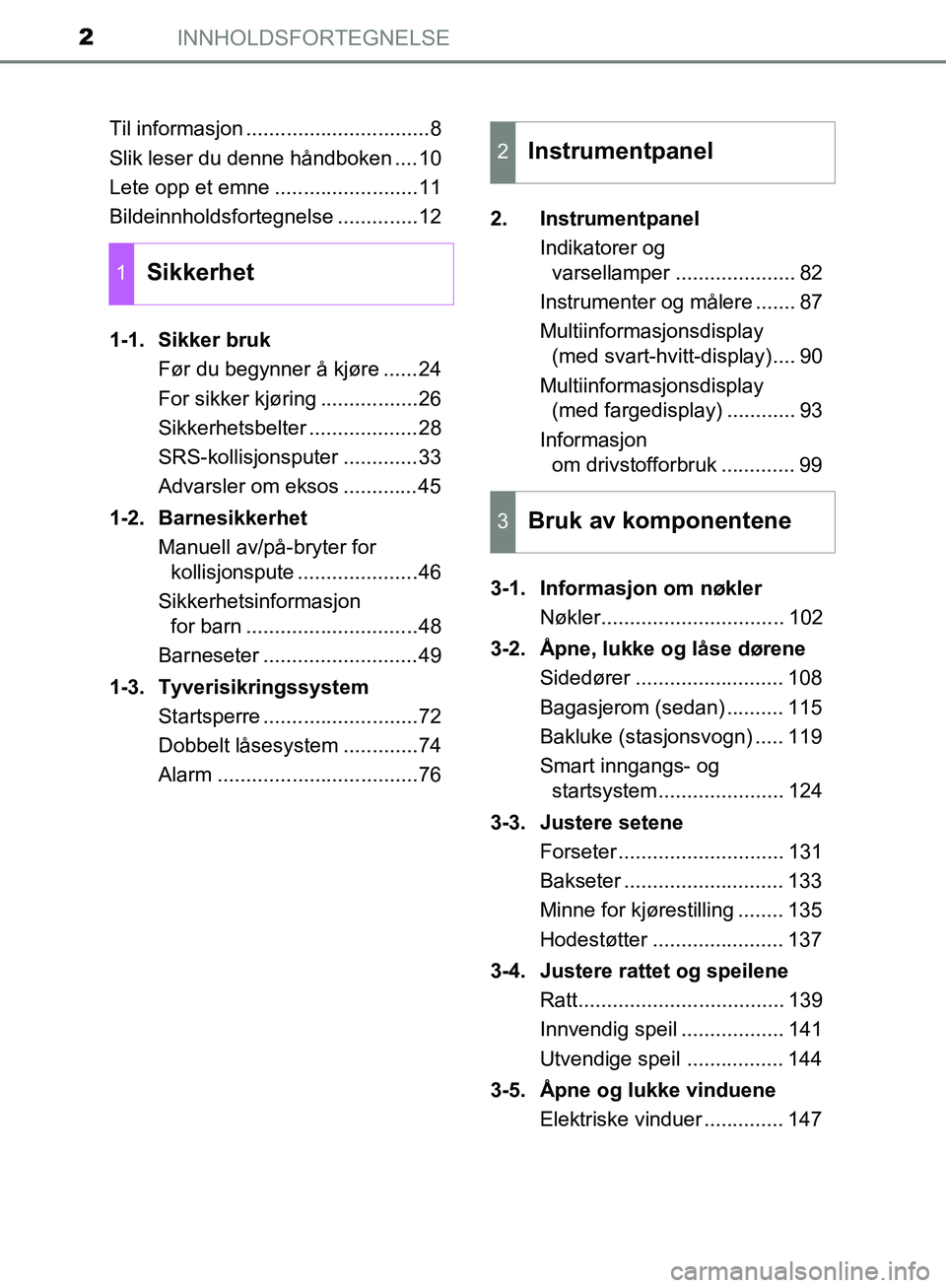 TOYOTA AVENSIS 2018 Instruksjoner for bruk (in Norwegian) INNHOLDSFORTEGNELSE2
AVENSIS_OM20C79NOTil informasjon ................................8
Slik leser du denne håndboken ....10
Lete opp et emne .........................11
Bildeinnholdsfortegnelse .... TOYOTA AVENSIS 2018 Instruksjoner for bruk (in Norwegian) INNHOLDSFORTEGNELSE2
AVENSIS_OM20C79NOTil informasjon ................................8
Slik leser du denne håndboken ....10
Lete opp et emne .........................11
Bildeinnholdsfortegnelse ....