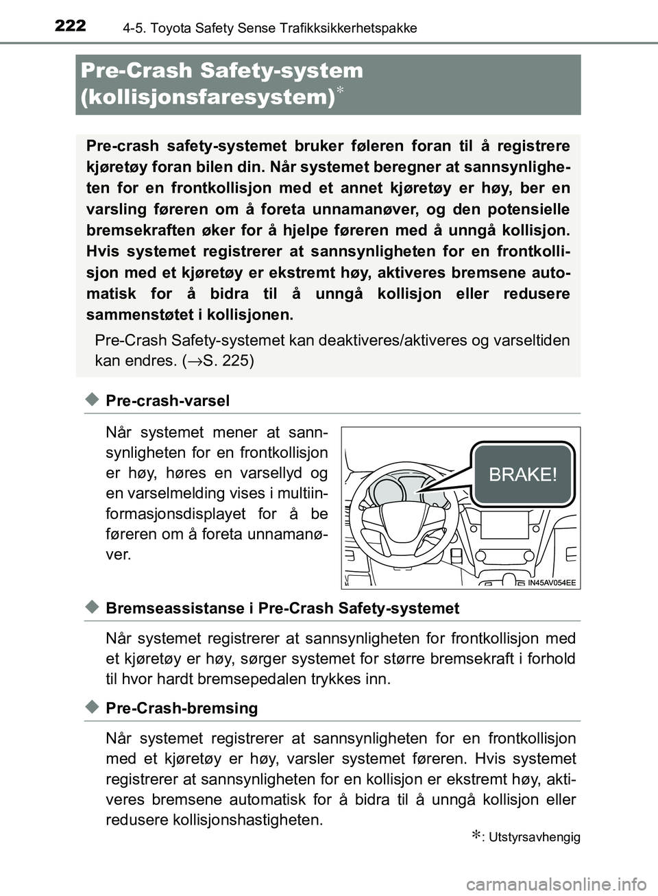 TOYOTA AVENSIS 2018 Instruksjoner for bruk (in Norwegian) 2224-5. Toyota Safety Sense Trafikksikkerhetspakke
AVENSIS_OM20C79NO
Pre-Crash Safety-system
(kollisjonsfaresystem)
∗
uPre-crash-varsel
NÃ¥r systemet mener at sann-
synligheten for en frontkollisjo TOYOTA AVENSIS 2018 Instruksjoner for bruk (in Norwegian) 2224-5. Toyota Safety Sense Trafikksikkerhetspakke
AVENSIS_OM20C79NO
Pre-Crash Safety-system
(kollisjonsfaresystem)
∗
uPre-crash-varsel
NÃ¥r systemet mener at sann-
synligheten for en frontkollisjo