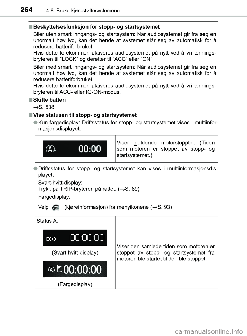 TOYOTA AVENSIS 2018  Instruksjoner for bruk (in Norwegian) 2644-6. Bruke kjørestøttesystemene
AVENSIS_OM20C79NO
nBeskyttelsesfunksjon for stopp- og startsystemet
Biler uten smart inngangs- og startsystem: Når audiosystemet gir fra seg en
unormalt høy lyd,