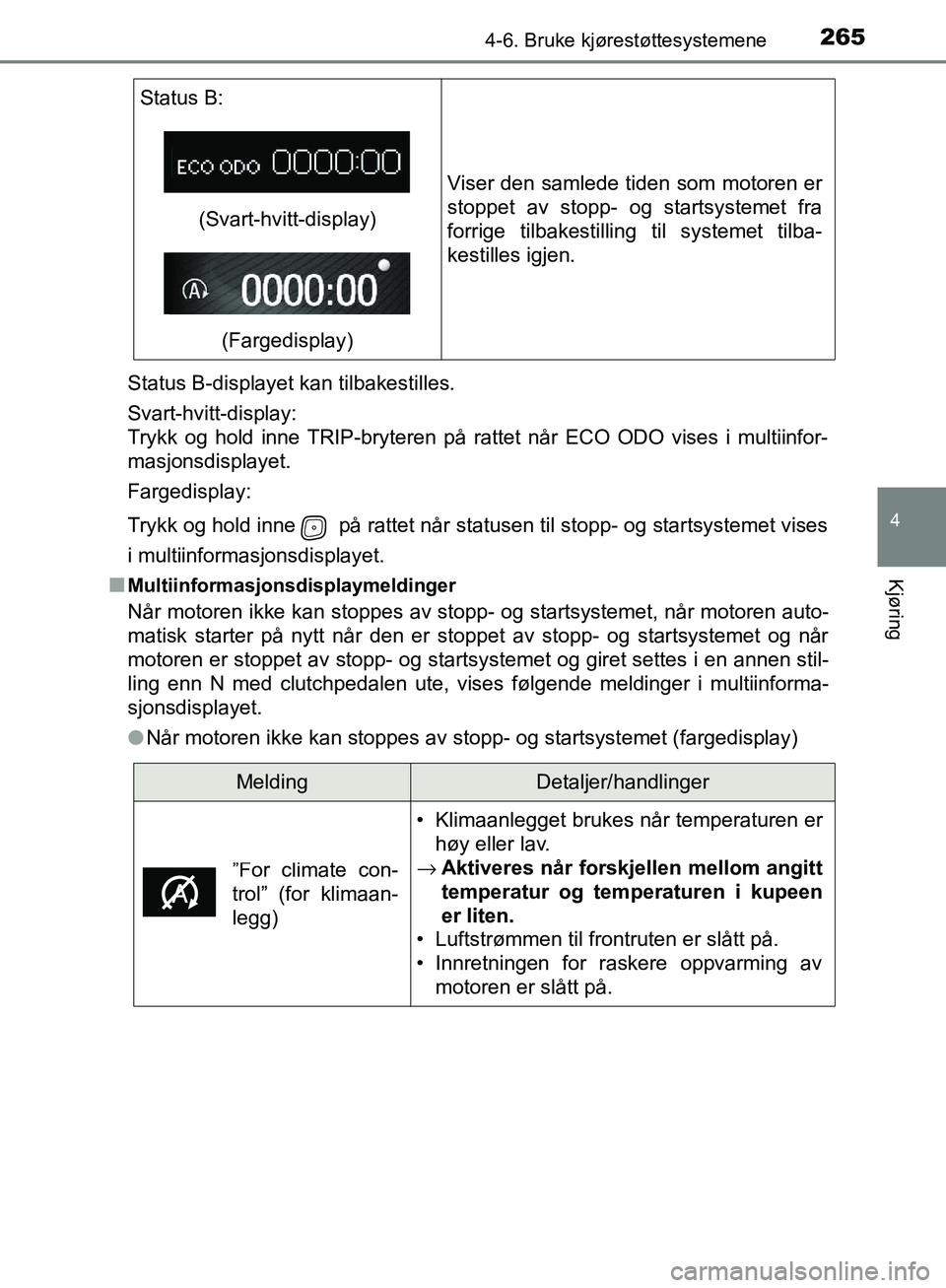 TOYOTA AVENSIS 2018  Instruksjoner for bruk (in Norwegian) 2654-6. Bruke kjørestøttesystemene
4
Kjøring
AVENSIS_OM20C79NOStatus B-displayet kan tilbakestilles.
Svart-hvitt-display: 
Trykk og hold inne TRIP-bryteren på rattet når ECO ODO vises i multiinfo