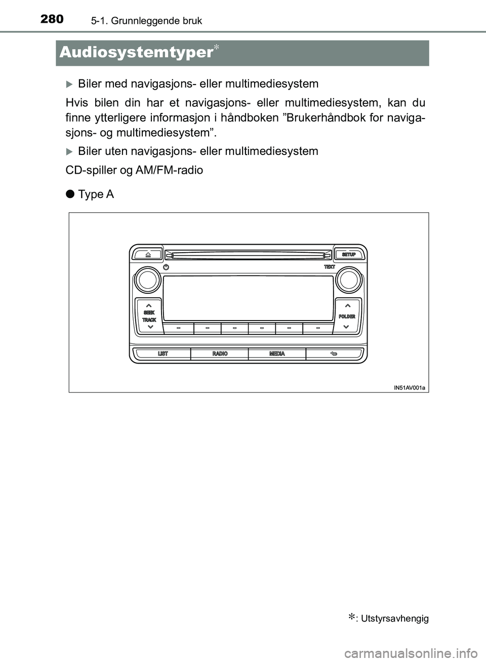 TOYOTA AVENSIS 2018  Instruksjoner for bruk (in Norwegian) 2805-1. Grunnleggende bruk
AVENSIS_OM20C79NO
Audiosystemtyper∗
Biler med navigasjons- eller multimediesystem
Hvis bilen din har et navigasjons- eller multimediesystem, kan du
finne ytterligere in