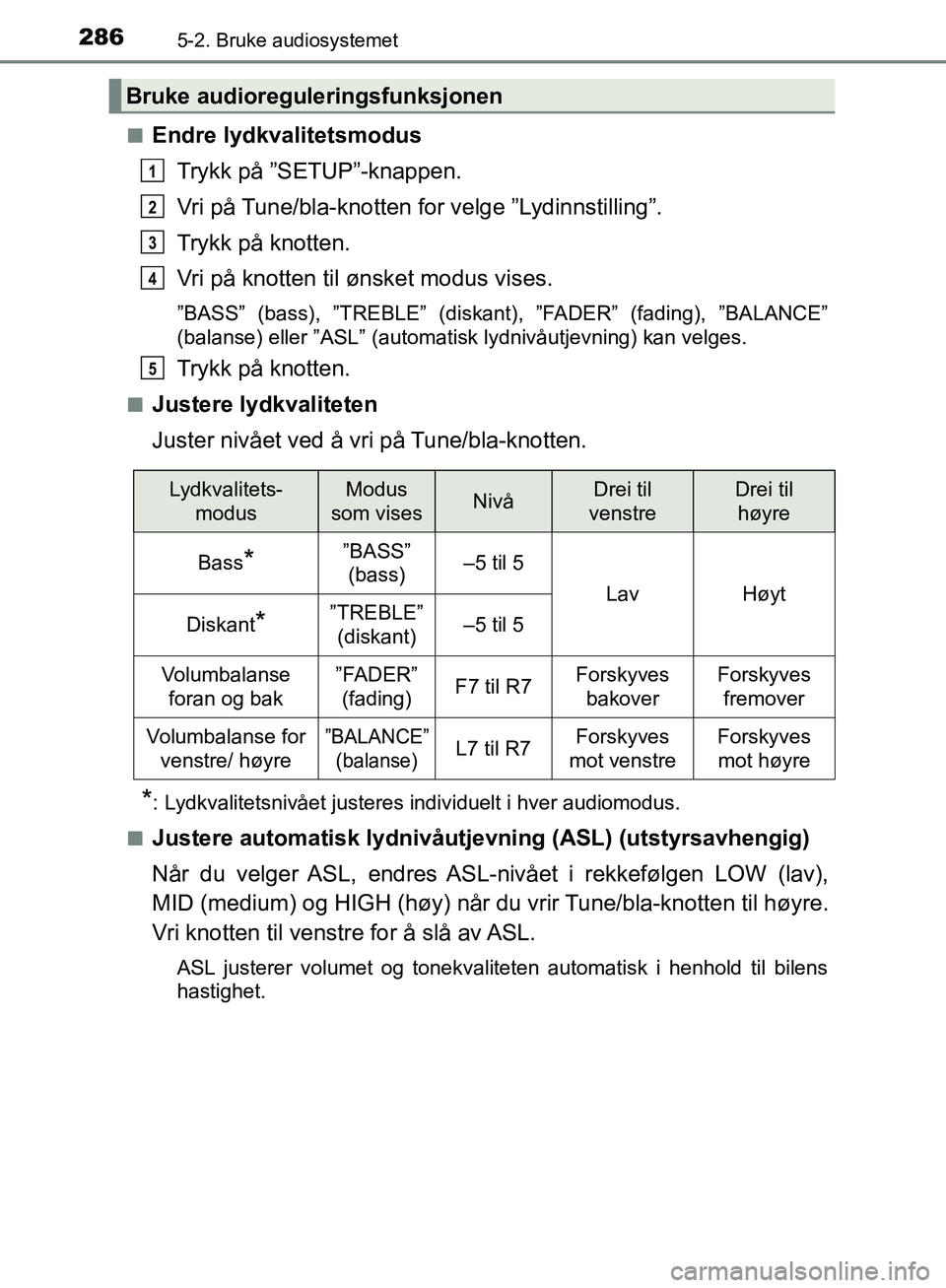 TOYOTA AVENSIS 2018  Instruksjoner for bruk (in Norwegian) 2865-2. Bruke audiosystemet
AVENSIS_OM20C79NOn
Endre lydkvalitetsmodus
Trykk på ”SETUP”-knappen.
Vri på Tune/bla-knotten fo r velge ”Lydinnstilling”.
Trykk på knotten.
Vri på knotten til 