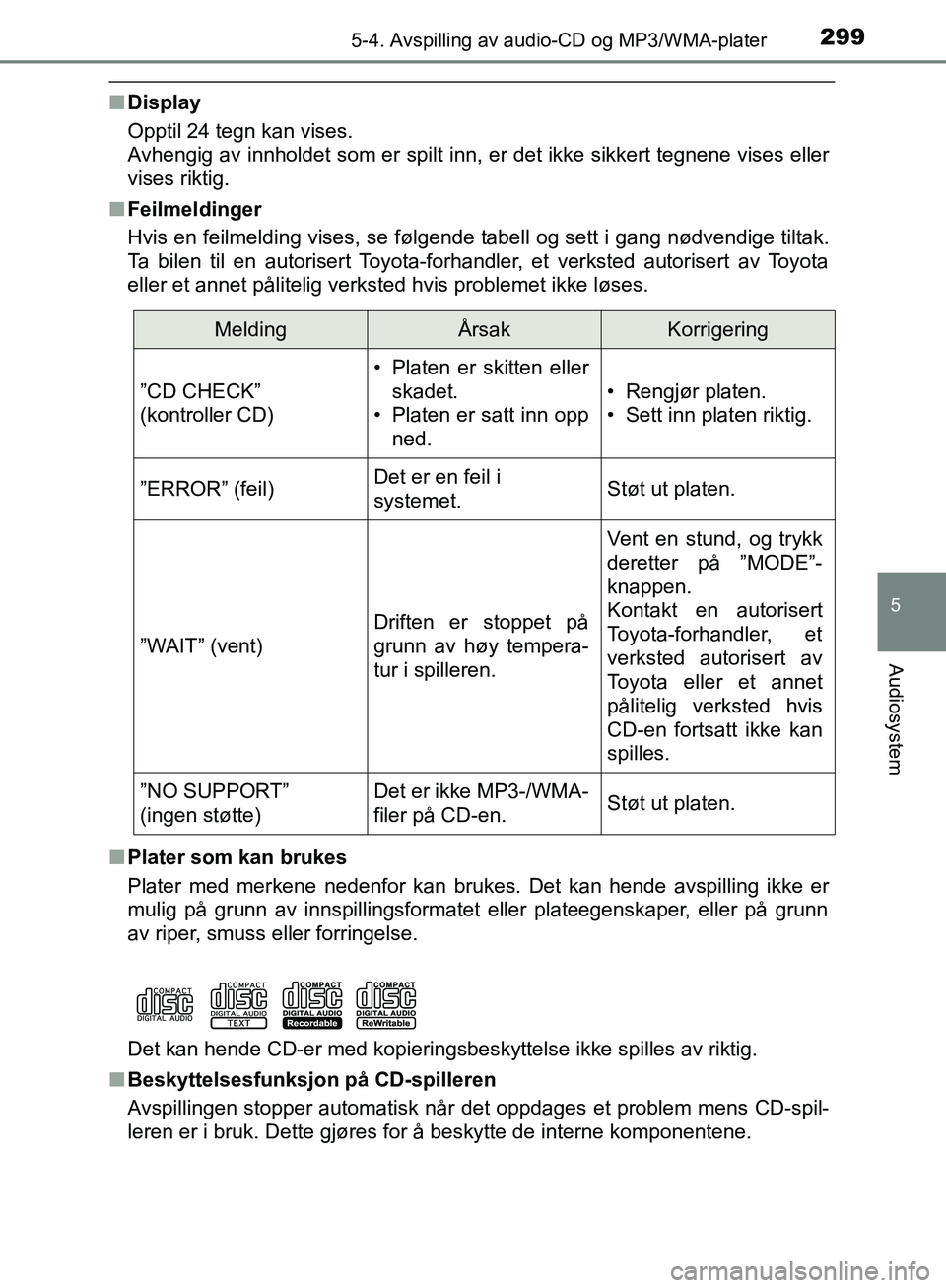 TOYOTA AVENSIS 2018 Instruksjoner for bruk (in Norwegian) 2995-4. Avspilling av audio-CD og MP3/WMA-plater
5
Audiosystem
AVENSIS_OM20C79NO
nDisplay
Opptil 24 tegn kan vises.
Avhengig av innholdet som er spilt inn, er det ikke sikkert tegnene vises eller
vis TOYOTA AVENSIS 2018 Instruksjoner for bruk (in Norwegian) 2995-4. Avspilling av audio-CD og MP3/WMA-plater
5
Audiosystem
AVENSIS_OM20C79NO
nDisplay
Opptil 24 tegn kan vises.
Avhengig av innholdet som er spilt inn, er det ikke sikkert tegnene vises eller
vis