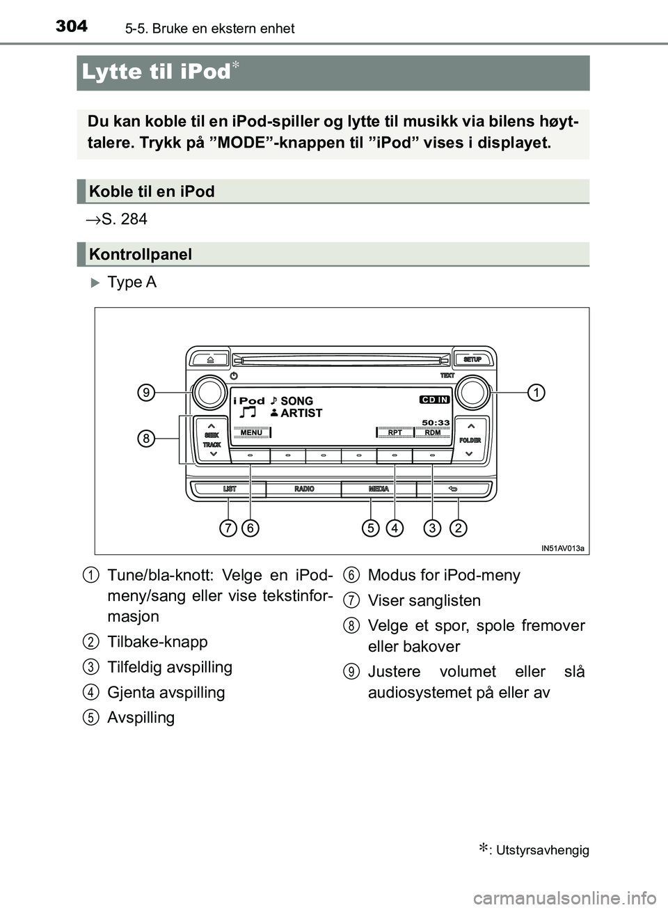 TOYOTA AVENSIS 2018  Instruksjoner for bruk (in Norwegian) 3045-5. Bruke en ekstern enhet
AVENSIS_OM20C79NO
Lytte til iPod∗
 →S. 284
Ty p e  A
∗: Utstyrsavhengig
Du kan koble til en iPod-spiller og lytte til musikk via bilens høyt-
talere. Trykk på