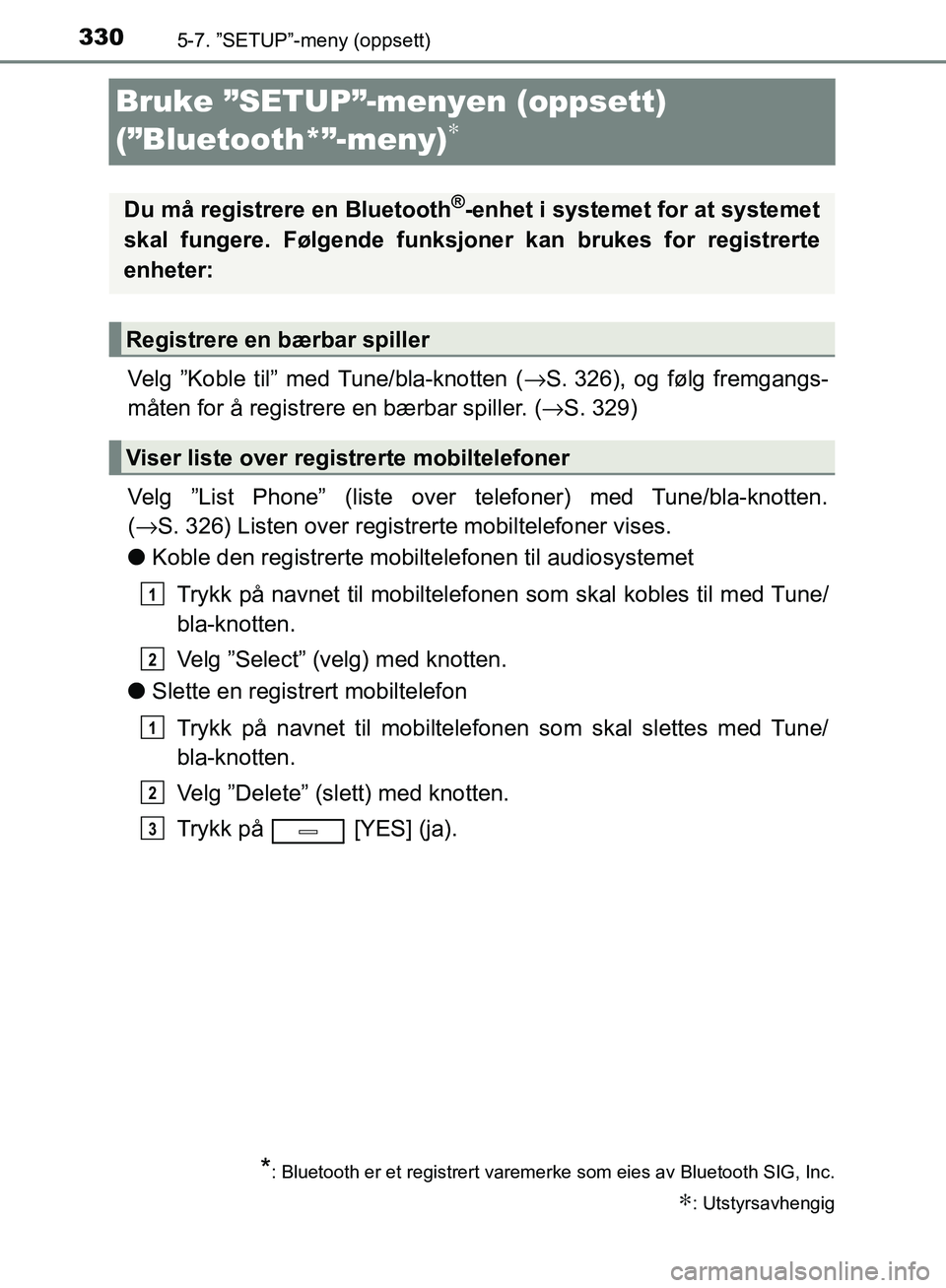 TOYOTA AVENSIS 2018 Instruksjoner for bruk (in Norwegian) 3305-7. ”SETUP”-meny (oppsett)
AVENSIS_OM20C79NO
Bruke ”SETUP”-menyen (oppsett)
(”Bluetooth*”-meny)
∗
Velg ”Koble til” med Tune/bla-knotten (→S. 326), og følg fremgangs-
måten f TOYOTA AVENSIS 2018 Instruksjoner for bruk (in Norwegian) 3305-7. ”SETUP”-meny (oppsett)
AVENSIS_OM20C79NO
Bruke ”SETUP”-menyen (oppsett)
(”Bluetooth*”-meny)
∗
Velg ”Koble til” med Tune/bla-knotten (→S. 326), og følg fremgangs-
måten f