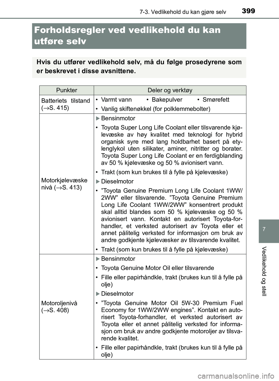 TOYOTA AVENSIS 2018 Instruksjoner for bruk (in Norwegian) 3997-3. Vedlikehold du kan gjøre selv
AVENSIS_OM20C79NO
7
Vedlikehold og stell
Forholdsregler ved vedlikehold du kan
utføre selv
Hvis du utfører vedlikehold selv, må du følge prosedyrene som
er TOYOTA AVENSIS 2018 Instruksjoner for bruk (in Norwegian) 3997-3. Vedlikehold du kan gjøre selv
AVENSIS_OM20C79NO
7
Vedlikehold og stell
Forholdsregler ved vedlikehold du kan
utføre selv
Hvis du utfører vedlikehold selv, må du følge prosedyrene som
er