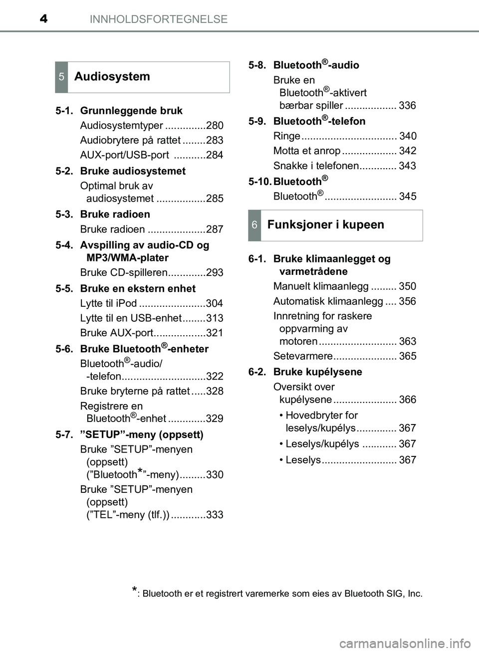 TOYOTA AVENSIS 2018 Instruksjoner for bruk (in Norwegian) INNHOLDSFORTEGNELSE4
AVENSIS_OM20C79NO5-1. Grunnleggende bruk
Audiosystemtyper ..............280
Audiobrytere på rattet ........283
AUX-port/USB-port ...........284
5-2. Bruke audiosystemet Optimal b TOYOTA AVENSIS 2018 Instruksjoner for bruk (in Norwegian) INNHOLDSFORTEGNELSE4
AVENSIS_OM20C79NO5-1. Grunnleggende bruk
Audiosystemtyper ..............280
Audiobrytere på rattet ........283
AUX-port/USB-port ...........284
5-2. Bruke audiosystemet Optimal b