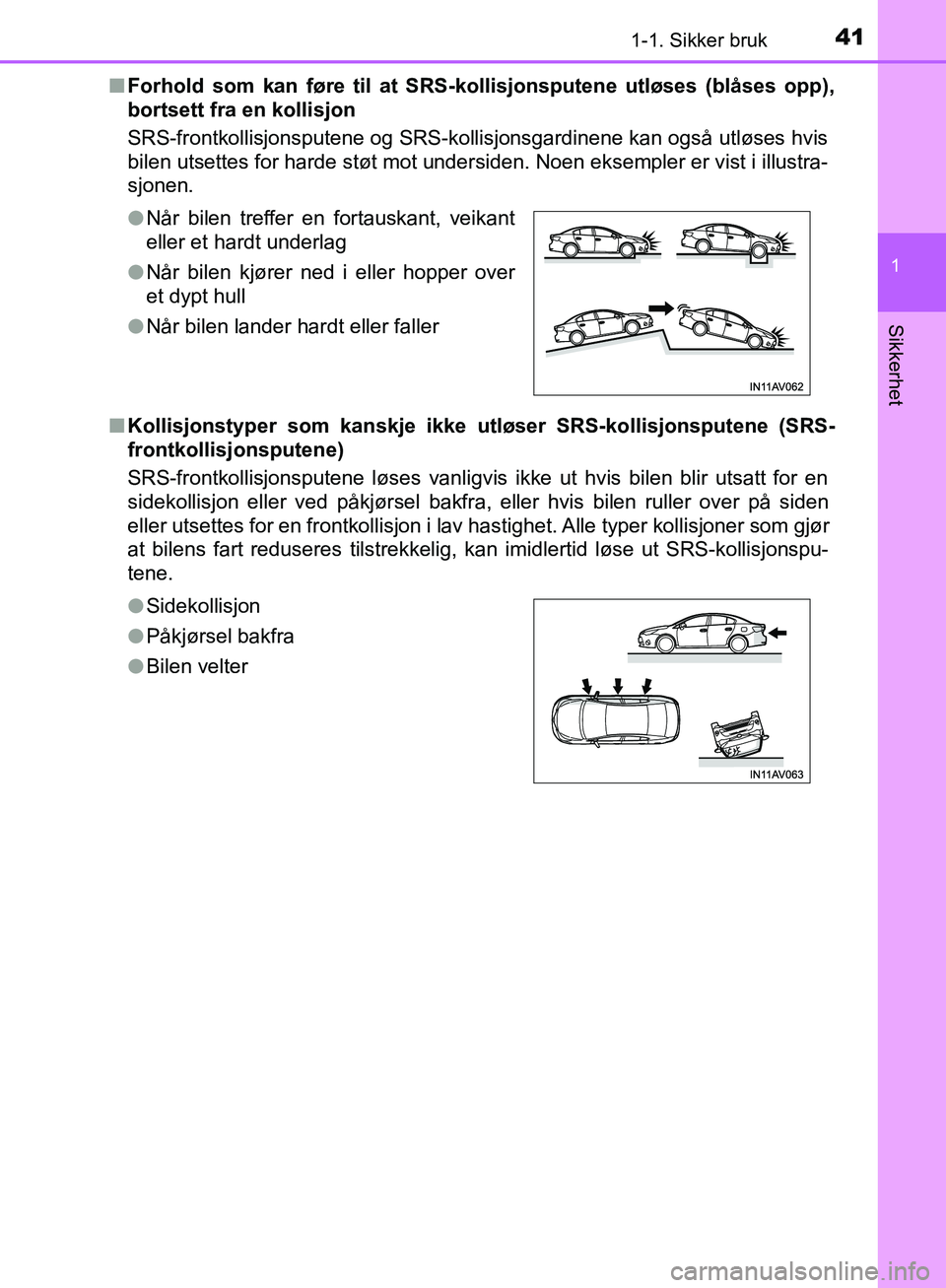TOYOTA AVENSIS 2018 Instruksjoner for bruk (in Norwegian) 411-1. Sikker bruk
1
AVENSIS_OM20C79NO
Sikkerhet
nForhold som kan føre til at SRS-kollisjonsputene utløses (blåses opp),
bortsett fra en kollisjon
SRS-frontkollisjonsputene og SRS-kollisjonsgardine TOYOTA AVENSIS 2018 Instruksjoner for bruk (in Norwegian) 411-1. Sikker bruk
1
AVENSIS_OM20C79NO
Sikkerhet
nForhold som kan føre til at SRS-kollisjonsputene utløses (blåses opp),
bortsett fra en kollisjon
SRS-frontkollisjonsputene og SRS-kollisjonsgardine