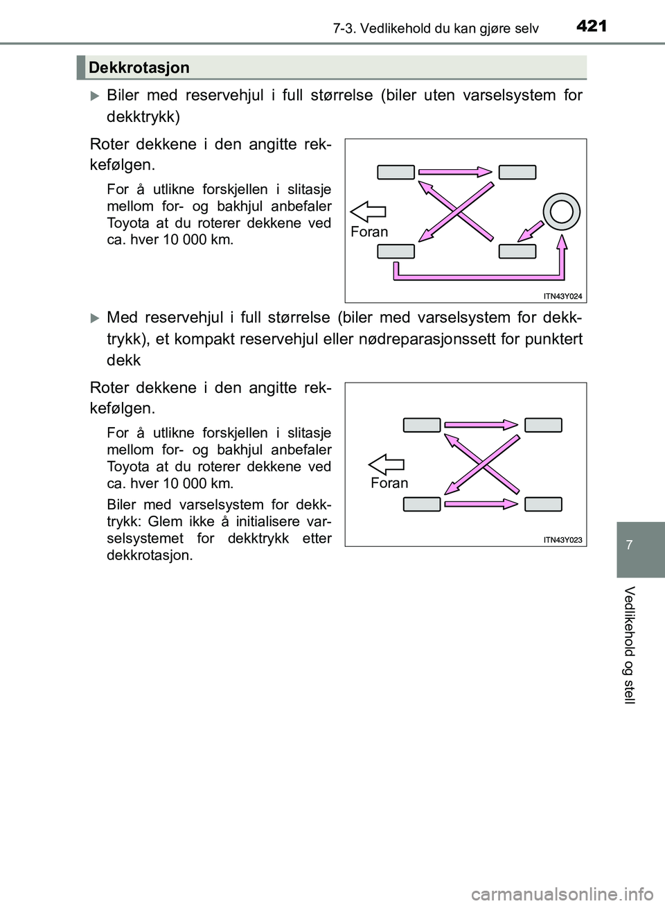 TOYOTA AVENSIS 2018  Instruksjoner for bruk (in Norwegian) 4217-3. Vedlikehold du kan gjøre selv
AVENSIS_OM20C79NO
7
Vedlikehold og stell
Biler med reservehjul i full størrelse (biler uten varselsystem for
dekktrykk)
Roter dekkene i den angitte rek-
kef