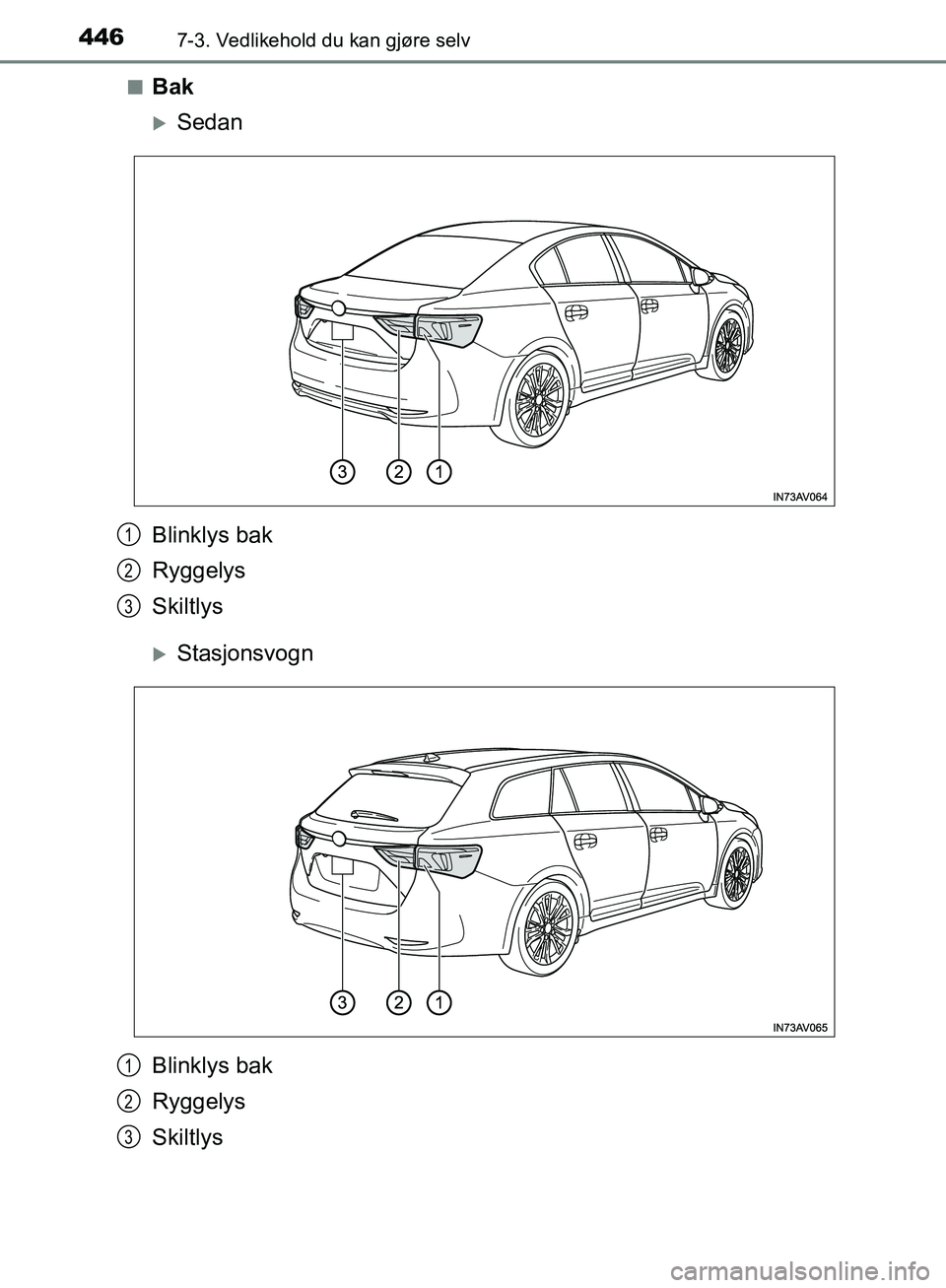 TOYOTA AVENSIS 2018  Instruksjoner for bruk (in Norwegian) 4467-3. Vedlikehold du kan gjøre selv
AVENSIS_OM20C79NOn
Bak
Sedan
Stasjonsvogn
Blinklys bak
Ryggelys
Skiltlys1
2
3
Blinklys bak
Ryggelys
Skiltlys1
2
3
OM20C79NO.book  Page 446  Tuesday, Octobe