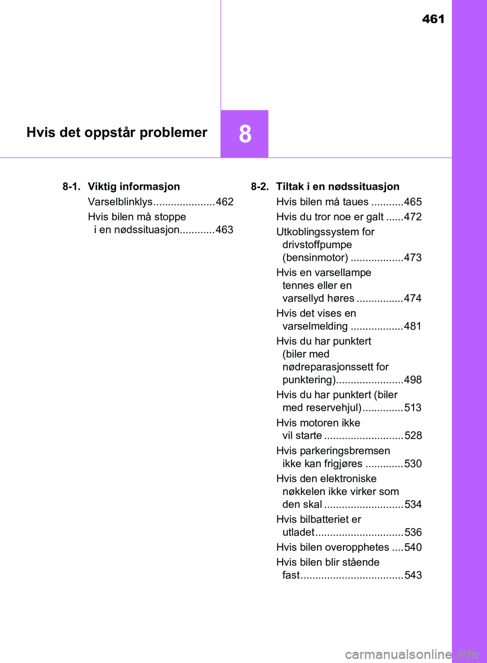 TOYOTA AVENSIS 2018  Instruksjoner for bruk (in Norwegian) 461
8Hvis det oppstår problemer
AVENSIS_OM20C79NO8-1. Viktig informasjon
Varselblinklys..................... 462
Hvis bilen må stoppe i en nødssituasjon............ 463 8-2. Tiltak i en nødssituas