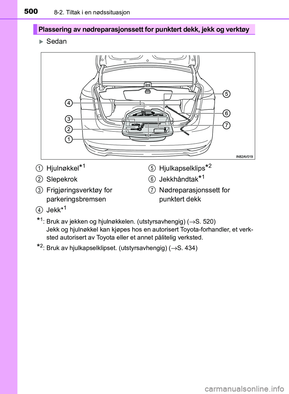 TOYOTA AVENSIS 2018  Instruksjoner for bruk (in Norwegian) 5008-2. Tiltak i en nødssituasjon
AVENSIS_OM20C79NO
Sedan
*1: Bruk av jekken og hjulnøkkelen. (utstyrsavhengig) (→S. 520) 
Jekk og hjulnøkkel kan kjøpes hos en autorisert Toyota-forhandler, e