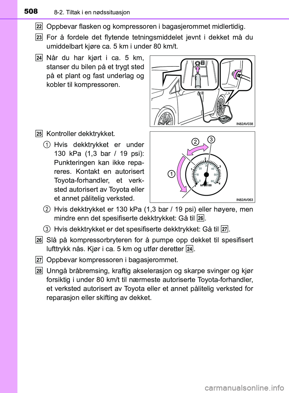 TOYOTA AVENSIS 2018  Instruksjoner for bruk (in Norwegian) 5088-2. Tiltak i en nødssituasjon
AVENSIS_OM20C79NO
Oppbevar flasken og kompressoren i bagasjerommet midlertidig.
For å fordele det flytende tetningsmiddelet jevnt i dekket må du
umiddelbart kjøre