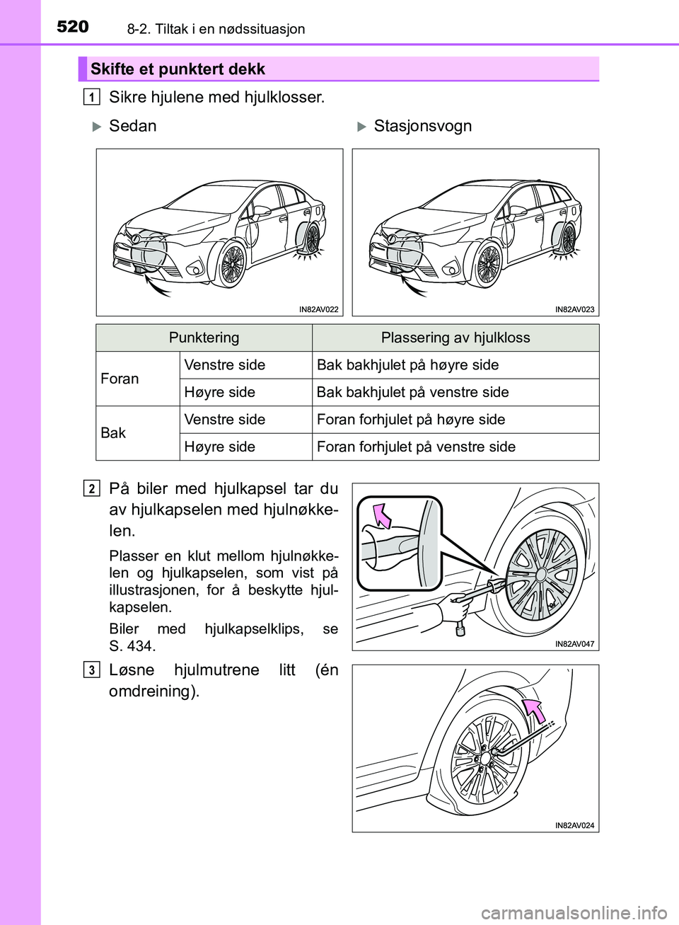 TOYOTA AVENSIS 2018  Instruksjoner for bruk (in Norwegian) 5208-2. Tiltak i en nødssituasjon
AVENSIS_OM20C79NO
Sikre hjulene med hjulklosser.
På biler med hjulkapsel tar du
av hjulkapselen med hjulnøkke-
len.
Plasser en klut mellom hjulnøkke-
len og hjulk