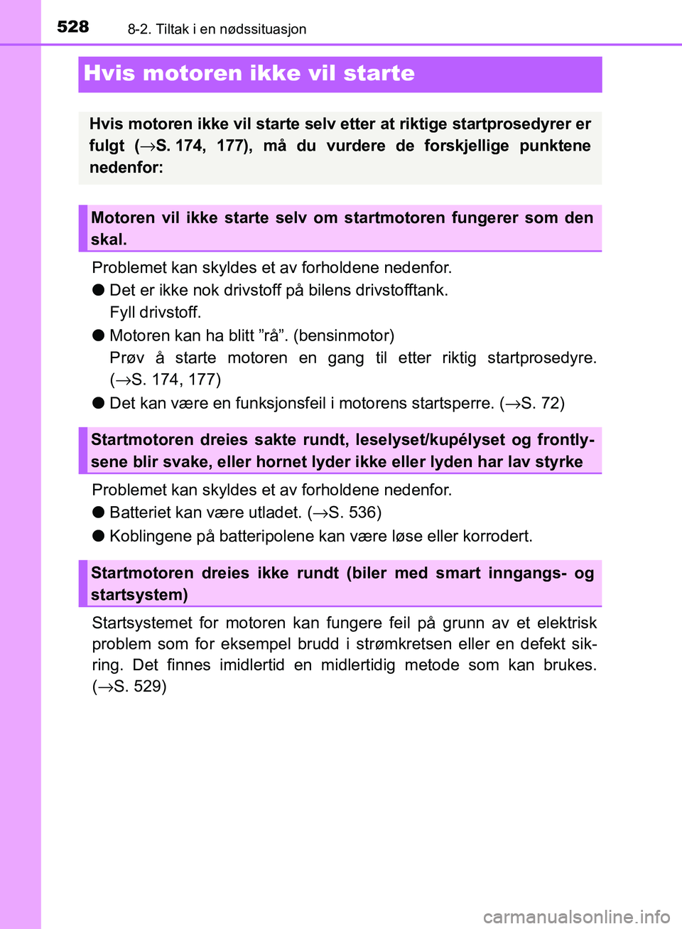 TOYOTA AVENSIS 2018  Instruksjoner for bruk (in Norwegian) 5288-2. Tiltak i en nødssituasjon
AVENSIS_OM20C79NO
Hvis motoren ikke vil starte
Problemet kan skyldes et av forholdene nedenfor.
lDet er ikke nok drivstoff på bilens drivstofftank. 
Fyll drivstoff.
