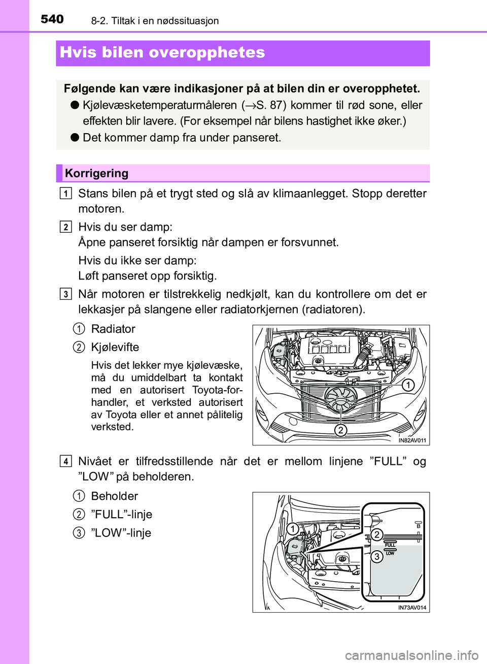 TOYOTA AVENSIS 2018 Instruksjoner for bruk (in Norwegian) 5408-2. Tiltak i en nødssituasjon
AVENSIS_OM20C79NO
Hvis bilen overopphetes
Stans bilen på et trygt sted og slå av klimaanlegget. Stopp deretter
motoren.
Hvis du ser damp:
Åpne panseret forsiktig TOYOTA AVENSIS 2018 Instruksjoner for bruk (in Norwegian) 5408-2. Tiltak i en nødssituasjon
AVENSIS_OM20C79NO
Hvis bilen overopphetes
Stans bilen på et trygt sted og slå av klimaanlegget. Stopp deretter
motoren.
Hvis du ser damp:
Åpne panseret forsiktig