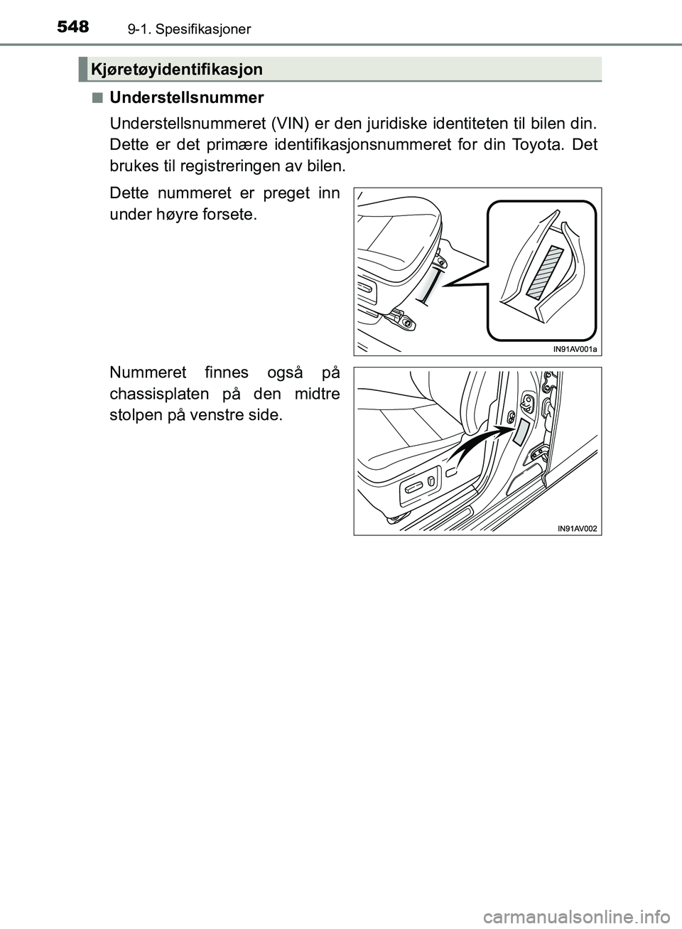 TOYOTA AVENSIS 2018 Instruksjoner for bruk (in Norwegian) 5489-1. Spesifikasjoner
AVENSIS_OM20C79NOn
Understellsnummer
Understellsnummeret (VIN) er den juridiske identiteten til bilen din.
Dette er det primære identifika
sjonsnummeret for din Toyota. Det
br TOYOTA AVENSIS 2018 Instruksjoner for bruk (in Norwegian) 5489-1. Spesifikasjoner
AVENSIS_OM20C79NOn
Understellsnummer
Understellsnummeret (VIN) er den juridiske identiteten til bilen din.
Dette er det primære identifika
sjonsnummeret for din Toyota. Det
br