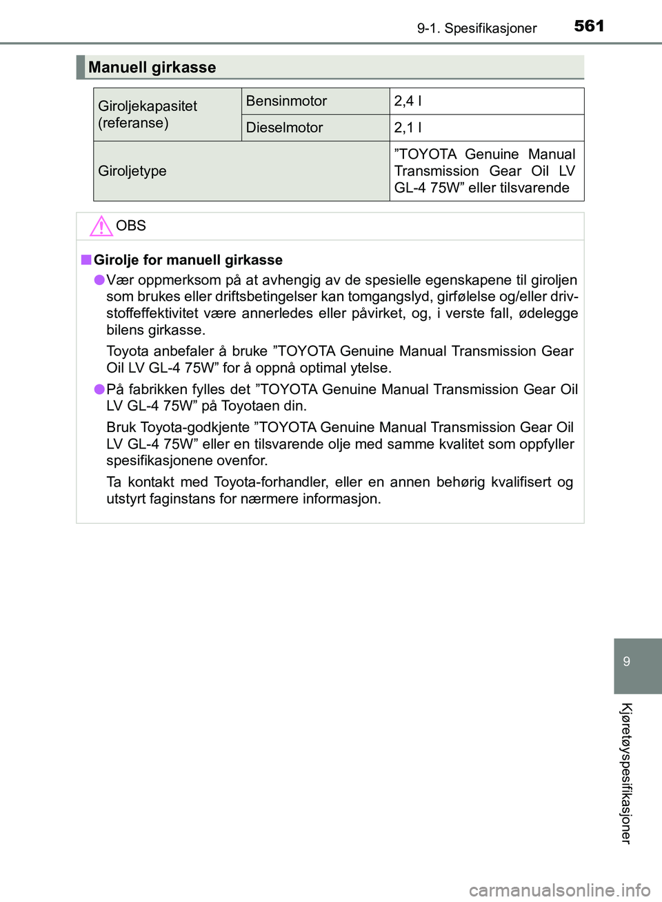 TOYOTA AVENSIS 2018  Instruksjoner for bruk (in Norwegian) 5619-1. Spesifikasjoner
AVENSIS_OM20C79NO
9
Kjøretøyspesifikasjoner
Manuell girkasse
Giroljekapasitet
(referanse)Bensinmotor2,4 l
Dieselmotor2,1 l
Giroljetype
”TOYOTA Genuine Manual
Transmission G