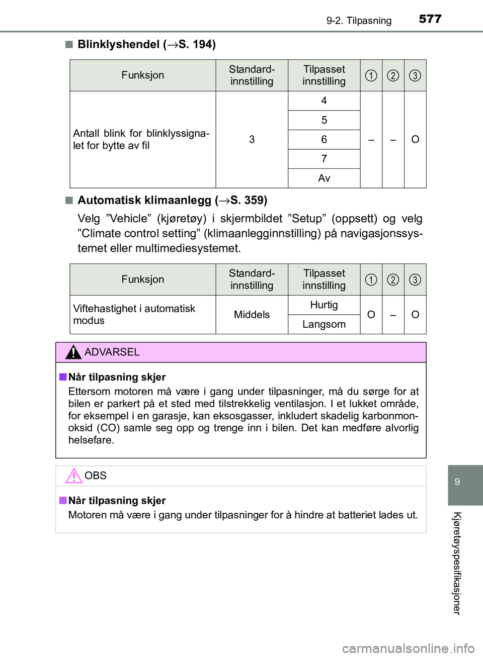 TOYOTA AVENSIS 2018 Instruksjoner for bruk (in Norwegian) 5779-2. Tilpasning
AVENSIS_OM20C79NO
9
Kjøretøyspesifikasjoner
nBlinklyshendel (→S. 194)
nAutomatisk klimaanlegg ( →S. 359)
Velg ”Vehicle” (kjøretøy) i skjermbildet ”Setup” (oppsett) o TOYOTA AVENSIS 2018 Instruksjoner for bruk (in Norwegian) 5779-2. Tilpasning
AVENSIS_OM20C79NO
9
Kjøretøyspesifikasjoner
nBlinklyshendel (→S. 194)
nAutomatisk klimaanlegg ( →S. 359)
Velg ”Vehicle” (kjøretøy) i skjermbildet ”Setup” (oppsett) o