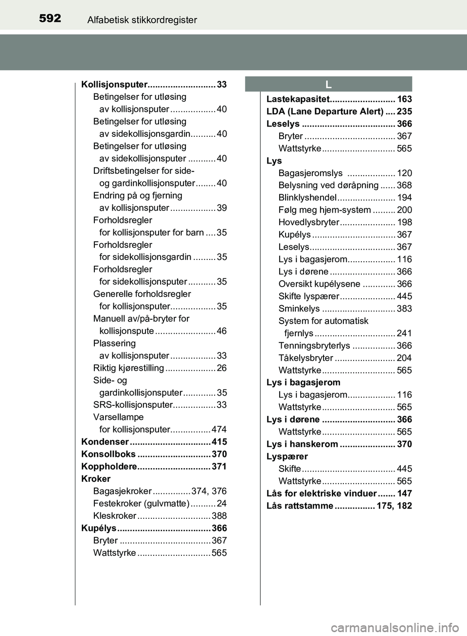 TOYOTA AVENSIS 2018 Instruksjoner for bruk (in Norwegian) 592Alfabetisk stikkordregister
AVENSIS_OM20C79NO
Kollisjonsputer........................... 33
Betingelser for utløsing
av kollisjonsputer .................. 40
Betingelser for utløsing av sidekol TOYOTA AVENSIS 2018 Instruksjoner for bruk (in Norwegian) 592Alfabetisk stikkordregister
AVENSIS_OM20C79NO
Kollisjonsputer........................... 33
Betingelser for utløsing
av kollisjonsputer .................. 40
Betingelser for utløsing av sidekol