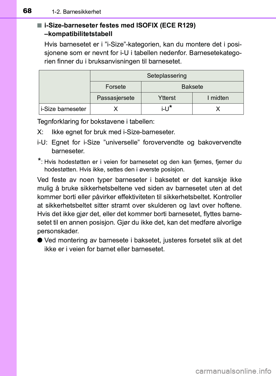 TOYOTA AVENSIS 2018  Instruksjoner for bruk (in Norwegian) 681-2. Barnesikkerhet
AVENSIS_OM20C79NOn
i-Size-barneseter festes med ISOFIX (ECE R129)
–kompatibilitetstabell
Hvis barnesetet er i ”i-Size”-kate
gorien, kan du montere det i posi-
sjonene som e