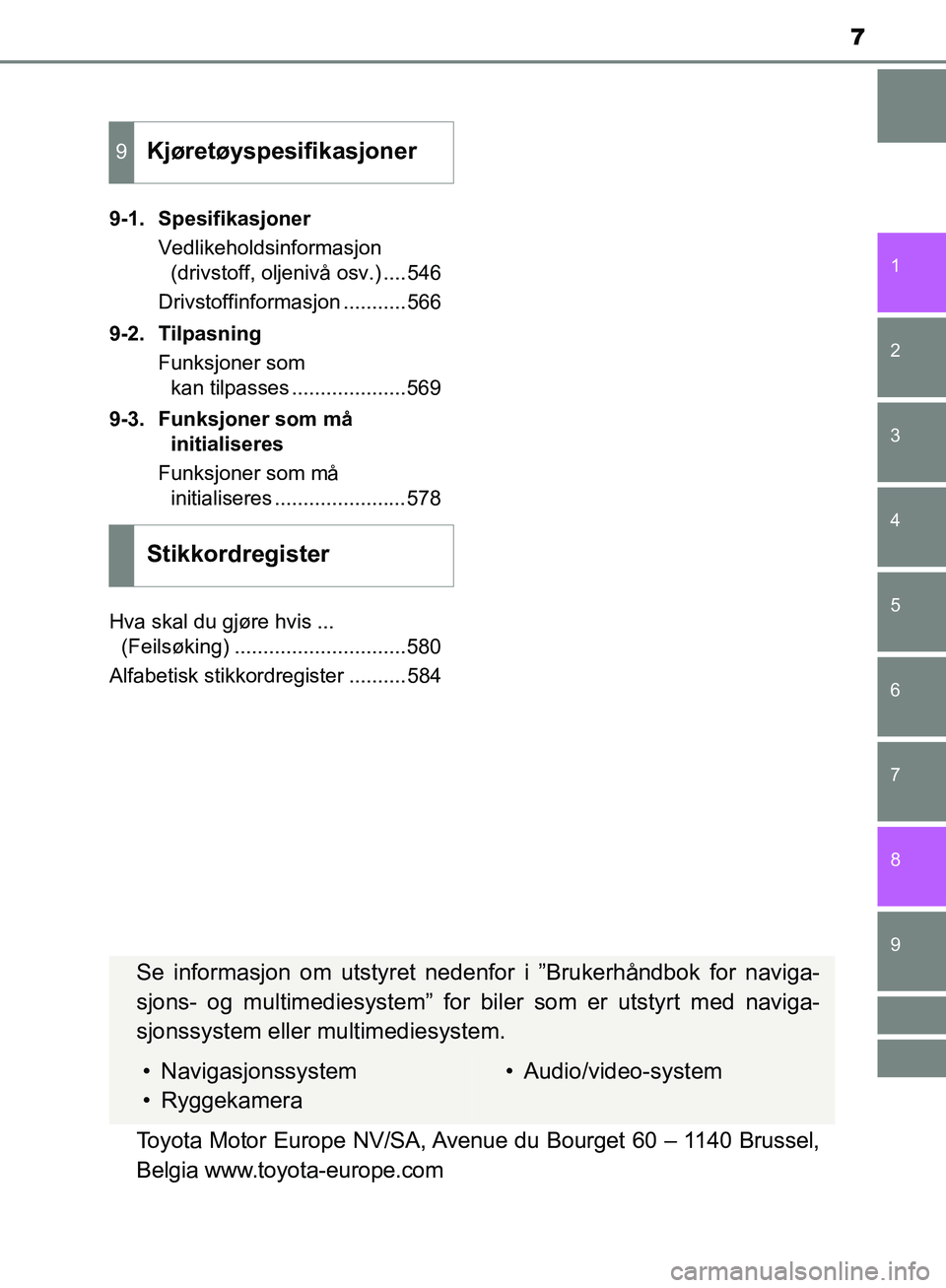 TOYOTA AVENSIS 2018 Instruksjoner for bruk (in Norwegian) 7
1
8 6 5
4
3
2
AVENSIS_OM20C79NO
9
7
9-1. SpesifikasjonerVedlikeholdsinformasjon (drivstoff, oljenivå osv.) ....546
Drivstoffinformasjon ...........566
9-2. Tilpasning Funksjoner som kan tilpasses . TOYOTA AVENSIS 2018 Instruksjoner for bruk (in Norwegian) 7
1
8 6 5
4
3
2
AVENSIS_OM20C79NO
9
7
9-1. SpesifikasjonerVedlikeholdsinformasjon (drivstoff, oljenivå osv.) ....546
Drivstoffinformasjon ...........566
9-2. Tilpasning Funksjoner som kan tilpasses .