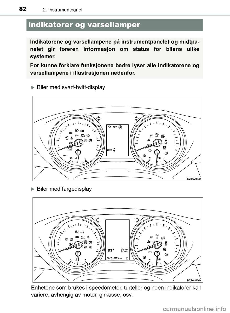 TOYOTA AVENSIS 2018 Instruksjoner for bruk (in Norwegian) 822. Instrumentpanel
AVENSIS_OM20C79NO
Indikatorer og varsellamper
Biler med svart-hvitt-display
Biler med fargedisplay
Enhetene som brukes i speedometer, turteller og noen indikatorer kan
varie TOYOTA AVENSIS 2018 Instruksjoner for bruk (in Norwegian) 822. Instrumentpanel
AVENSIS_OM20C79NO
Indikatorer og varsellamper
Biler med svart-hvitt-display
Biler med fargedisplay
Enhetene som brukes i speedometer, turteller og noen indikatorer kan
varie