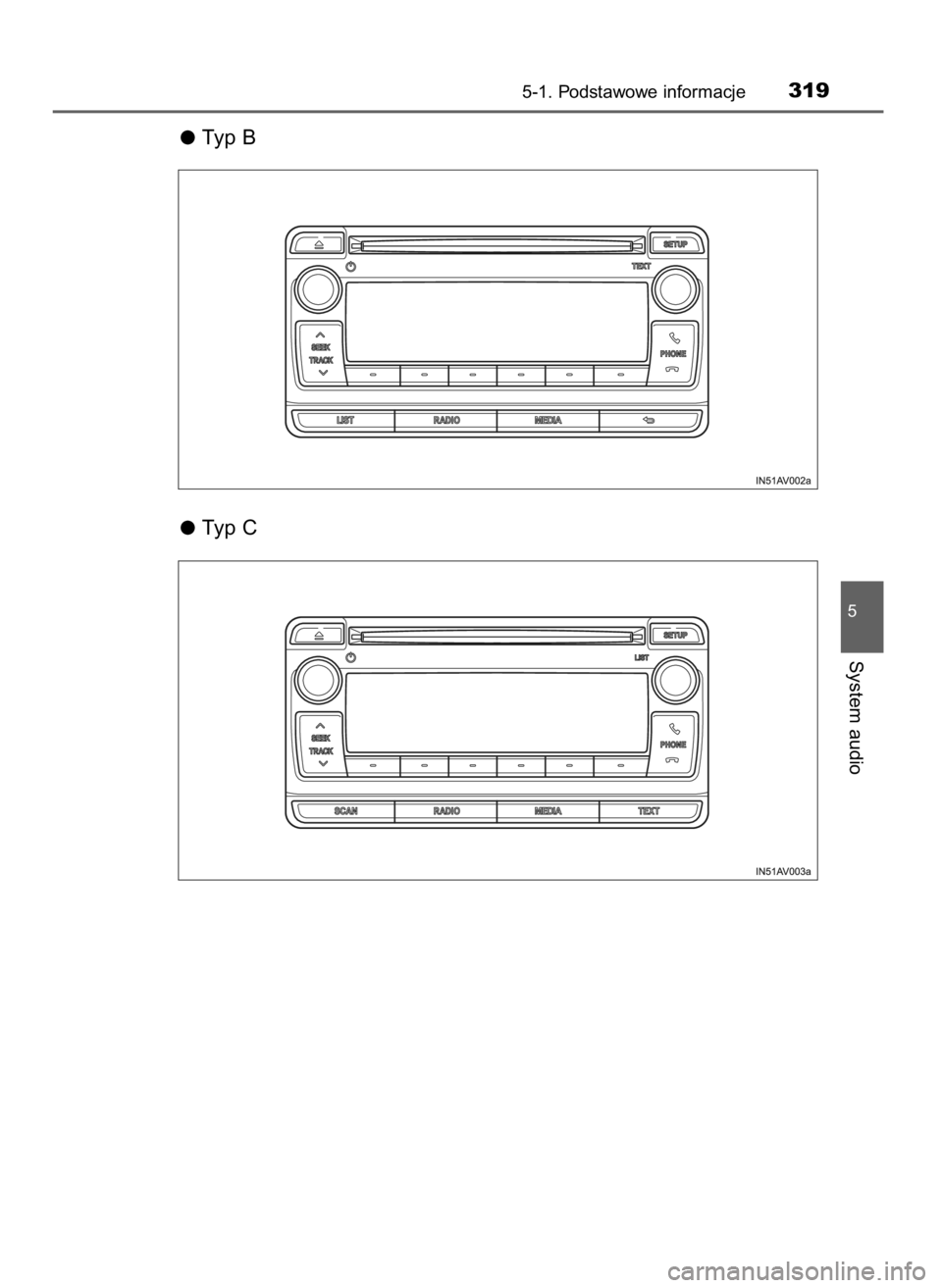 TOYOTA AVENSIS 2018  Instrukcja obsługi (in Polish) Typ B
Typ C
5-1. Podstawowe informacje319
5
System audio
31 AVENSIS OM20C79E  2/10/17  11:31  Page 319    (Black plate) 