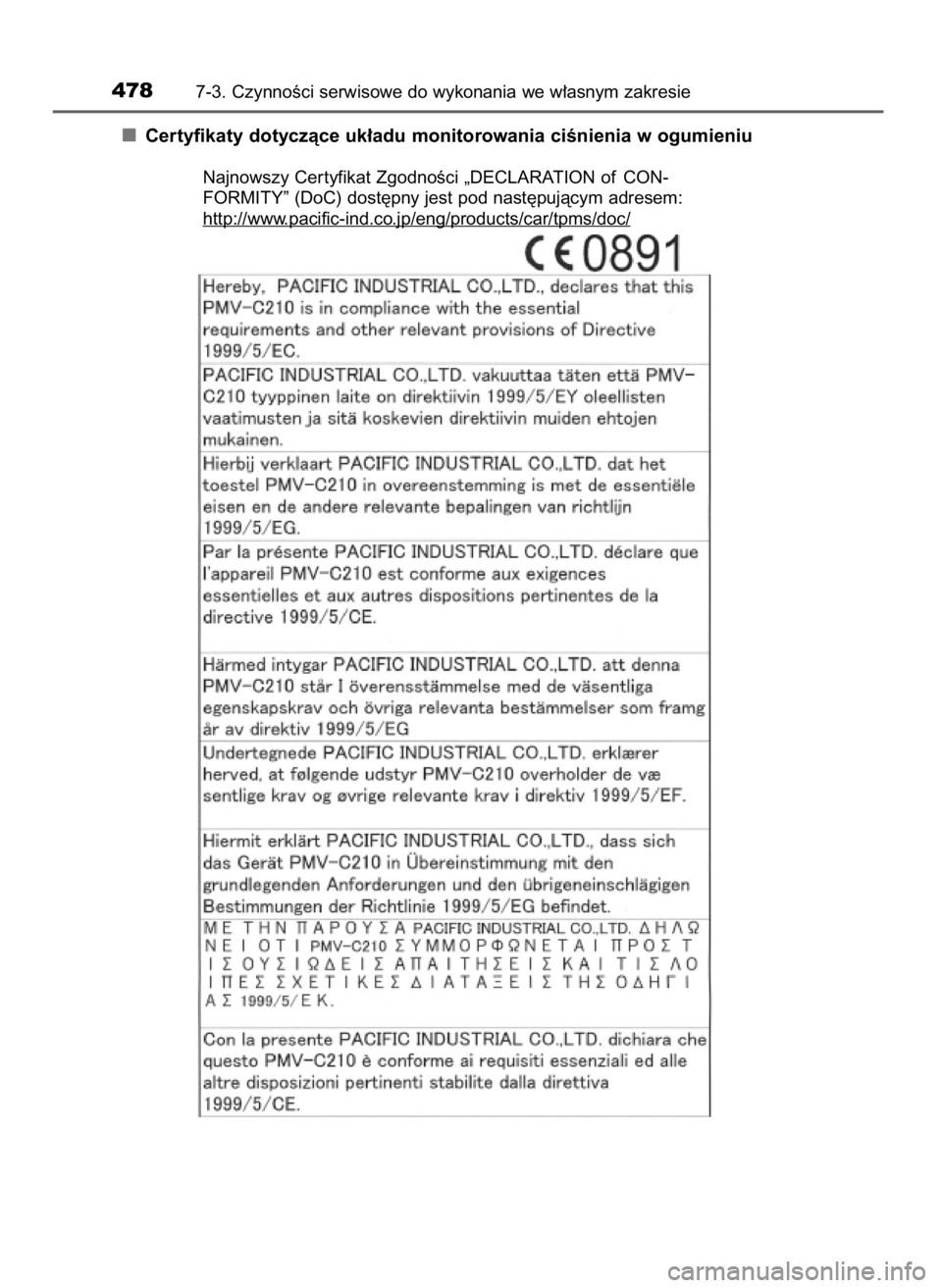 TOYOTA AVENSIS 2018  Instrukcja obsługi (in Polish) Certyfikaty dotyczàce uk∏adu monitorowania ciÊnienia w ogumieniu
4787-3. CzynnoÊci serwisowe do wykonania we w∏asnym zakresie
Najnowszy Cer tyfikat ZgodnoÊci „DECLARATION of CON-
FORMITY” 