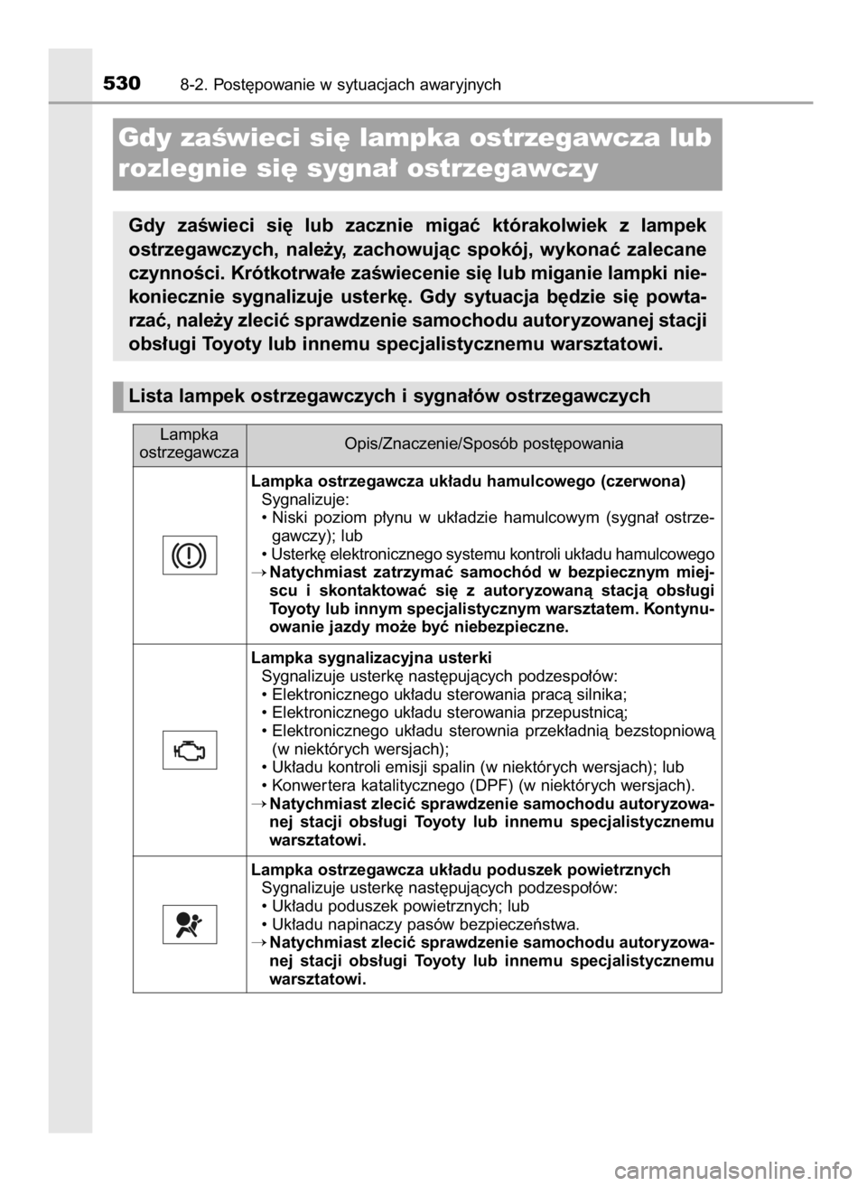 TOYOTA AVENSIS 2018  Instrukcja obsługi (in Polish) 5308-2. Post´powanie w sytuacjach awaryjnych
Lampka ostrzegawcza uk∏adu hamulcowego (czerwona)
Sygnalizuje:
• Niski  poziom  p∏ynu  w uk∏adzie  hamulcowym  (sygna∏  ostrze-
gawczy); lub
•