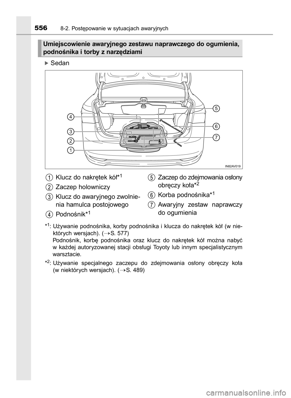 TOYOTA AVENSIS 2018  Instrukcja obsługi (in Polish) óSedan
*1: U˝ywanie  podnoÊnika,  korby  podnoÊnika  i klucza  do  nakr´tek  kó∏  (w nie-
których wersjach). (
S. 577)
PodnoÊnik,  korb´  podnoÊnika  oraz  klucz  do  nakr´tek  kó∏  m