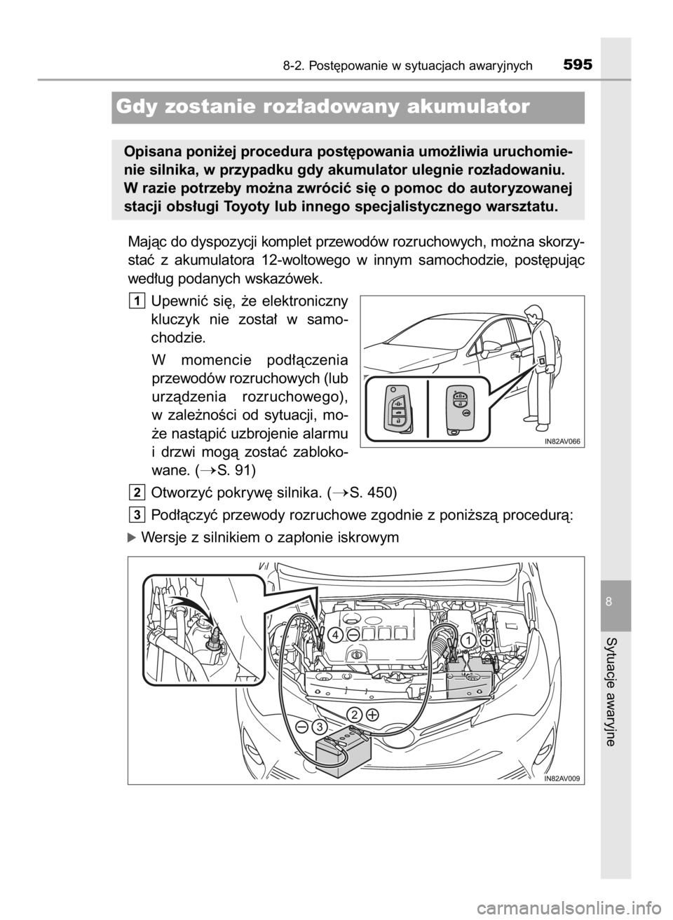 TOYOTA AVENSIS 2018  Instrukcja obsługi (in Polish) Majàc do dyspozycji komplet przewodów rozruchowych, mo˝na skorzy-
staç  z akumulatora  12-woltowego  w innym  samochodzie,  post´pujàc
wed∏ug podanych wskazówek.
Upewniç  si´,  ˝e  elektro