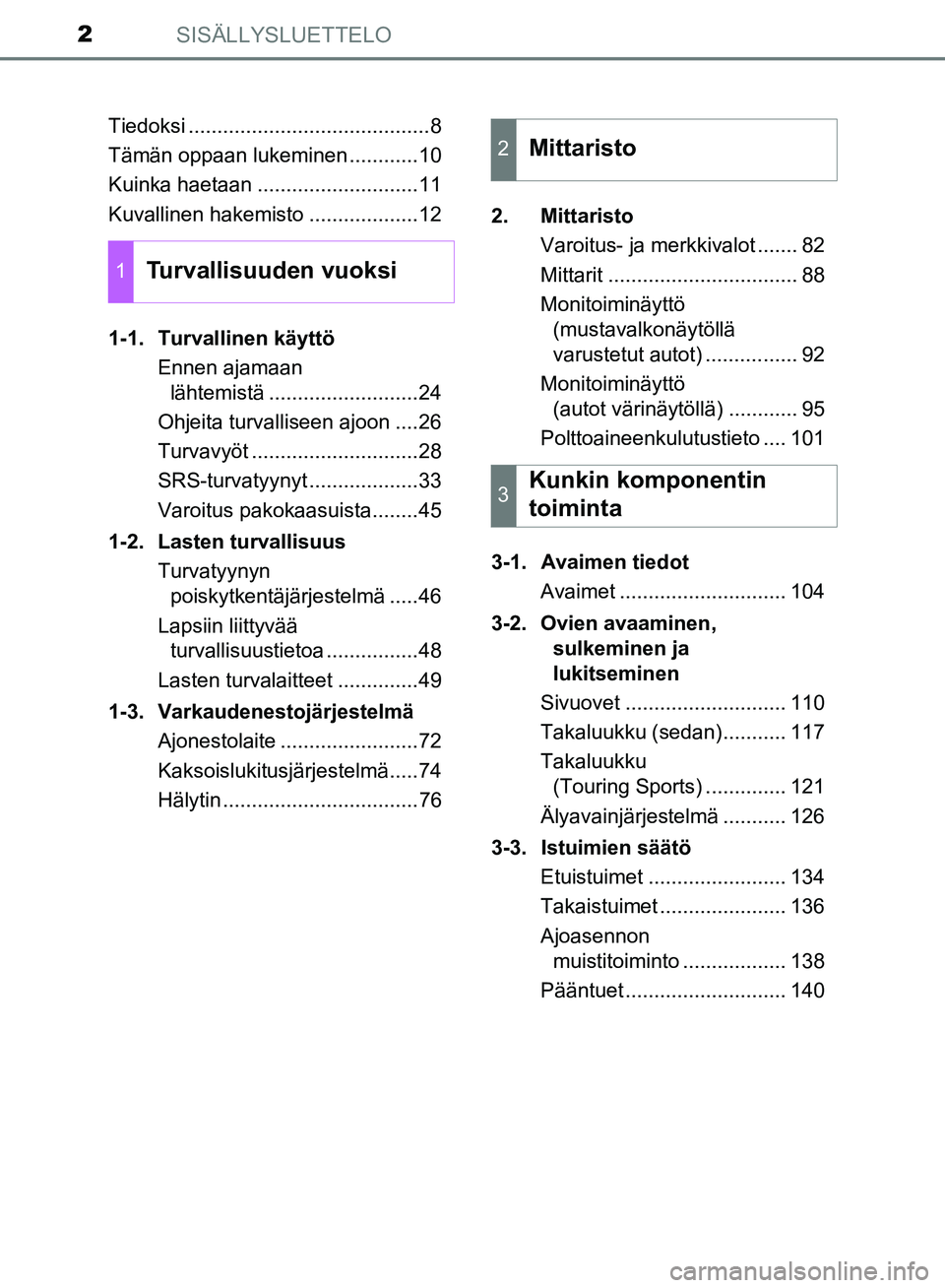 TOYOTA AVENSIS 2018  Omistajan Käsikirja (in Finnish) SISÄLLYSLUETTELO2
OM20C79FITiedoksi ..........................................8
Tämän oppaan lukeminen ............10
Kuinka haetaan ............................11
Kuvallinen hakemisto ............