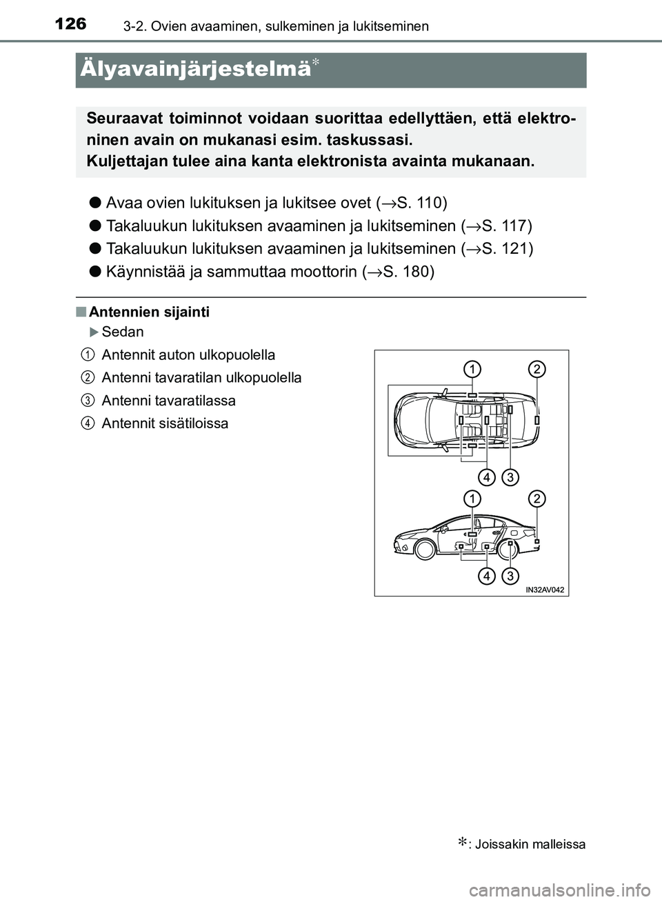 TOYOTA AVENSIS 2018  Omistajan Käsikirja (in Finnish) 1263-2. Ovien avaaminen, sulkeminen ja lukitseminen
OM20C79FI
Älyavainjärjestelmä∗
lAvaa ovien lukituksen ja lukitsee ovet ( →S. 110)
l Takaluukun lukituksen avaaminen ja lukitseminen ( →S. 1
