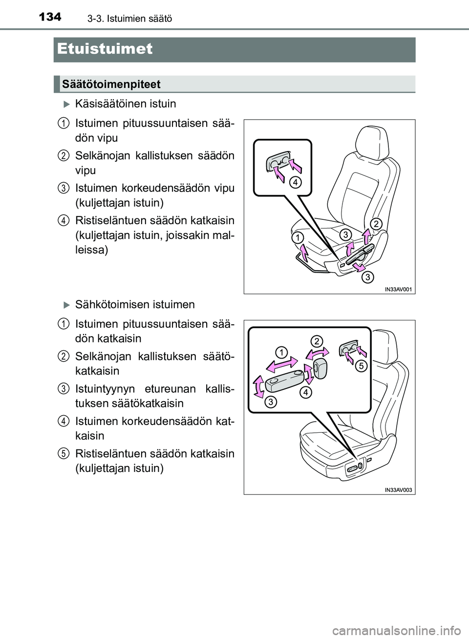 TOYOTA AVENSIS 2018 Omistajan Käsikirja (in Finnish) 1343-3. Istuimien säätö
OM20C79FI
Etuistuimet
Käsisäätöinen istuin
Istuimen pituussuuntaisen sää-
dön vipu
Selkänojan kallistuksen säädön
vipu
Istuimen korkeudensäädön vipu
(kuljet TOYOTA AVENSIS 2018 Omistajan Käsikirja (in Finnish) 1343-3. Istuimien säätö
OM20C79FI
Etuistuimet
Käsisäätöinen istuin
Istuimen pituussuuntaisen sää-
dön vipu
Selkänojan kallistuksen säädön
vipu
Istuimen korkeudensäädön vipu
(kuljet