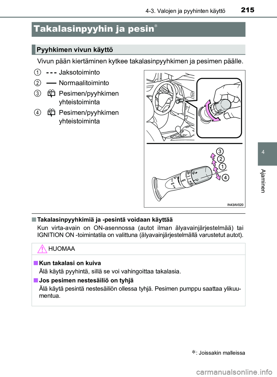 TOYOTA AVENSIS 2018  Omistajan Käsikirja (in Finnish) 215
4
4-3. Valojen ja pyyhinten käyttö
Ajaminen
OM20C79FI
Takalasinpyyhin ja pesin∗
Vivun pään kiertäminen kytkee takalasinpyyhkimen ja pesimen päälle.Jaksotoiminto
Normaalitoiminto
Pesimen/p