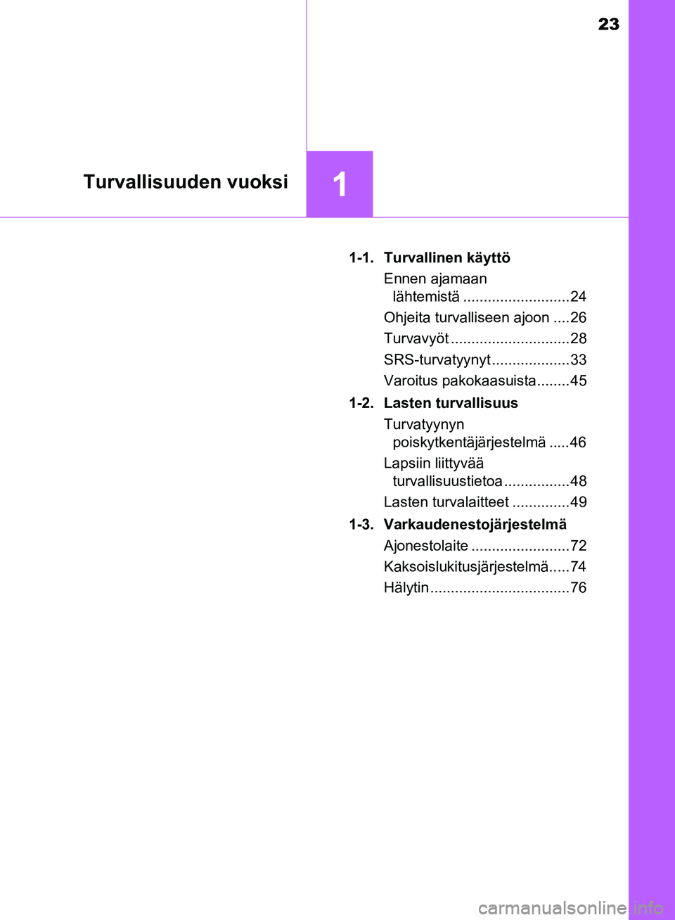TOYOTA AVENSIS 2018 Omistajan Käsikirja (in Finnish) 23
1Turvallisuuden vuoksi
OM20C79FI1-1. Turvallinen käyttö
Ennen ajamaan lähtemistä .......................... 24
Ohjeita turvalliseen ajoon .... 26
Turvavyöt ............................. 28
SRS TOYOTA AVENSIS 2018 Omistajan Käsikirja (in Finnish) 23
1Turvallisuuden vuoksi
OM20C79FI1-1. Turvallinen käyttö
Ennen ajamaan lähtemistä .......................... 24
Ohjeita turvalliseen ajoon .... 26
Turvavyöt ............................. 28
SRS