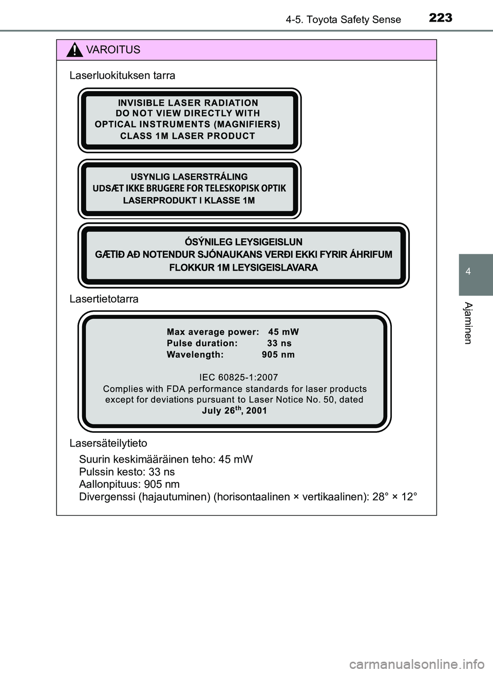 TOYOTA AVENSIS 2018  Omistajan Käsikirja (in Finnish) 2234-5. Toyota Safety Sense
4
Ajaminen
OM20C79FI
VAROITUS
Laserluokituksen tarra
Lasertietotarra
LasersäteilytietoSuurin keskimääräinen teho: 45 mW
Pulssin kesto: 33 ns
Aallonpituus: 905 nm
Diverg