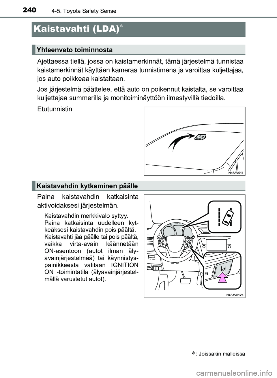 TOYOTA AVENSIS 2018 Omistajan Käsikirja (in Finnish) 2404-5. Toyota Safety Sense
OM20C79FI
Kaistavahti (LDA)∗
Ajettaessa tiellä, jossa on kaistamerkinnät, tämä järjestelmä tunnistaa
kaistamerkinnät käyttäen kameraa tunnistimena ja varoittaa k TOYOTA AVENSIS 2018 Omistajan Käsikirja (in Finnish) 2404-5. Toyota Safety Sense
OM20C79FI
Kaistavahti (LDA)∗
Ajettaessa tiellä, jossa on kaistamerkinnät, tämä järjestelmä tunnistaa
kaistamerkinnät käyttäen kameraa tunnistimena ja varoittaa k
