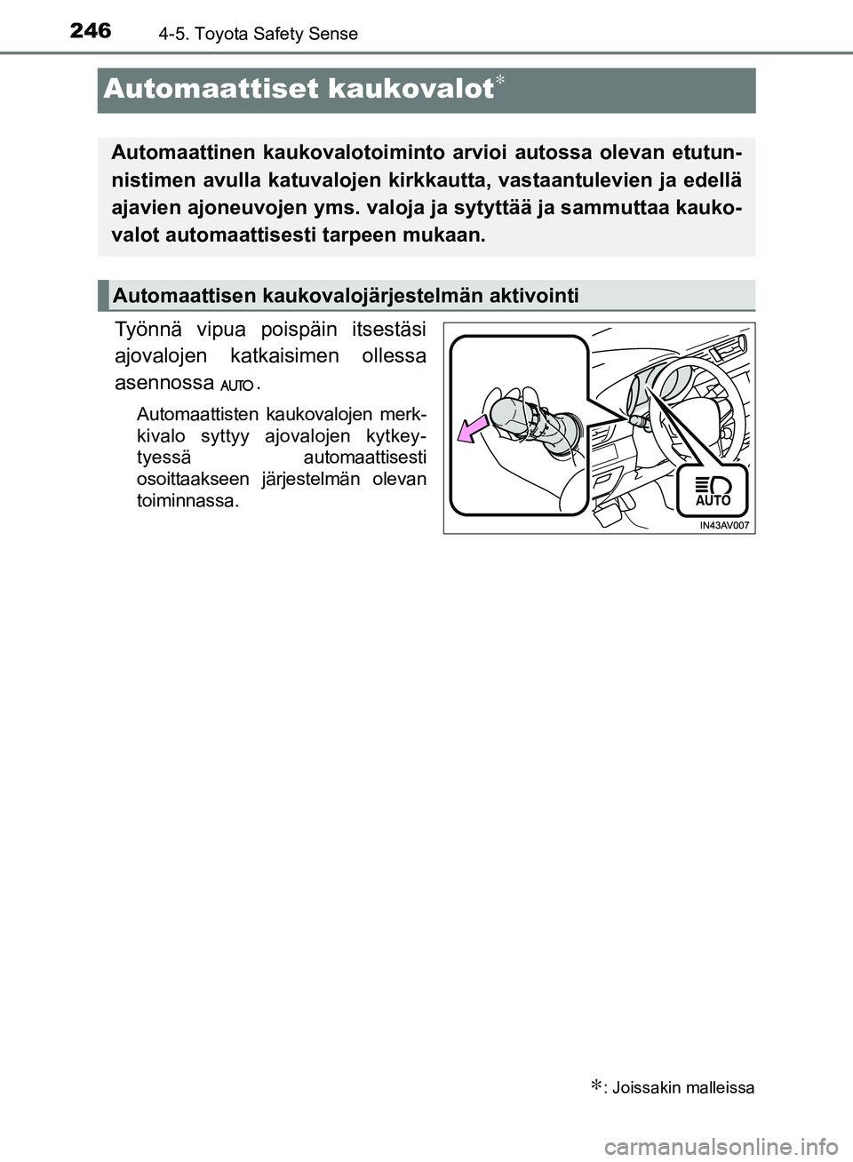 TOYOTA AVENSIS 2018 Omistajan Käsikirja (in Finnish) 2464-5. Toyota Safety Sense
OM20C79FI
Automaattiset kaukovalot∗
Työnnä vipua poispäin itsestäsi
ajovalojen katkaisimen ollessa
asennossa .
Automaattisten kaukovalojen merk-
kivalo syttyy ajovalo TOYOTA AVENSIS 2018 Omistajan Käsikirja (in Finnish) 2464-5. Toyota Safety Sense
OM20C79FI
Automaattiset kaukovalot∗
Työnnä vipua poispäin itsestäsi
ajovalojen katkaisimen ollessa
asennossa .
Automaattisten kaukovalojen merk-
kivalo syttyy ajovalo