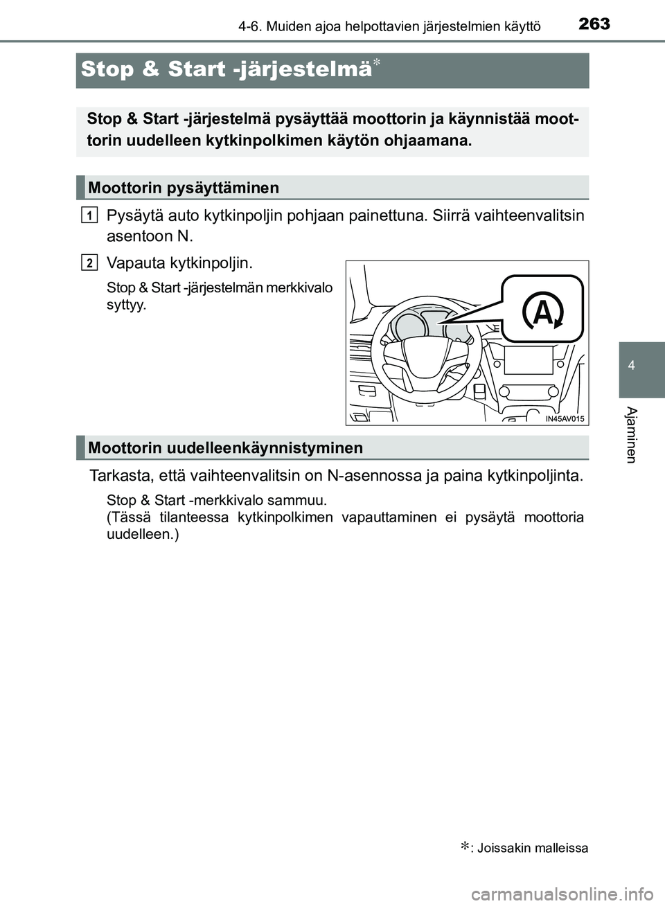 TOYOTA AVENSIS 2018 Omistajan Käsikirja (in Finnish) 263
4
4-6. Muiden ajoa helpottavien järjestelmien käyttö
Ajaminen
OM20C79FI
Stop & Start -järjestelmä∗
Pysäytä auto kytkinpoljin pohjaan painettuna. Siirrä vaihteenvalitsin
asentoon N.
Vapau TOYOTA AVENSIS 2018 Omistajan Käsikirja (in Finnish) 263
4
4-6. Muiden ajoa helpottavien järjestelmien käyttö
Ajaminen
OM20C79FI
Stop & Start -järjestelmä∗
Pysäytä auto kytkinpoljin pohjaan painettuna. Siirrä vaihteenvalitsin
asentoon N.
Vapau