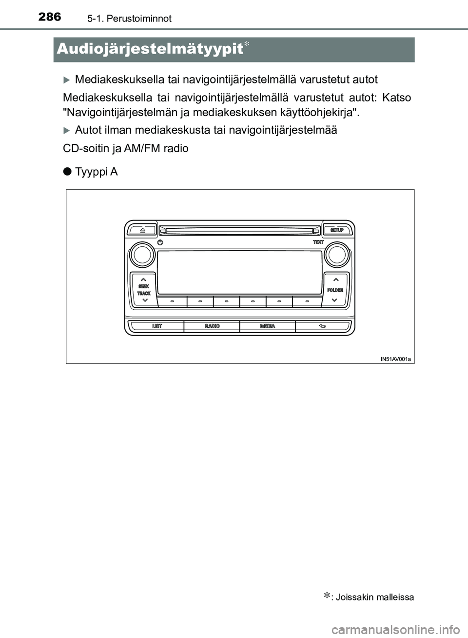 TOYOTA AVENSIS 2018 Omistajan Käsikirja (in Finnish) 2865-1. Perustoiminnot
OM20C79FI
Audiojärjestelmätyypit∗
Mediakeskuksella tai navigointijärjestelmällä varustetut autot
Mediakeskuksella tai navigointijärje stelmällä varustetut autot: Ka TOYOTA AVENSIS 2018 Omistajan Käsikirja (in Finnish) 2865-1. Perustoiminnot
OM20C79FI
Audiojärjestelmätyypit∗
Mediakeskuksella tai navigointijärjestelmällä varustetut autot
Mediakeskuksella tai navigointijärje stelmällä varustetut autot: Ka