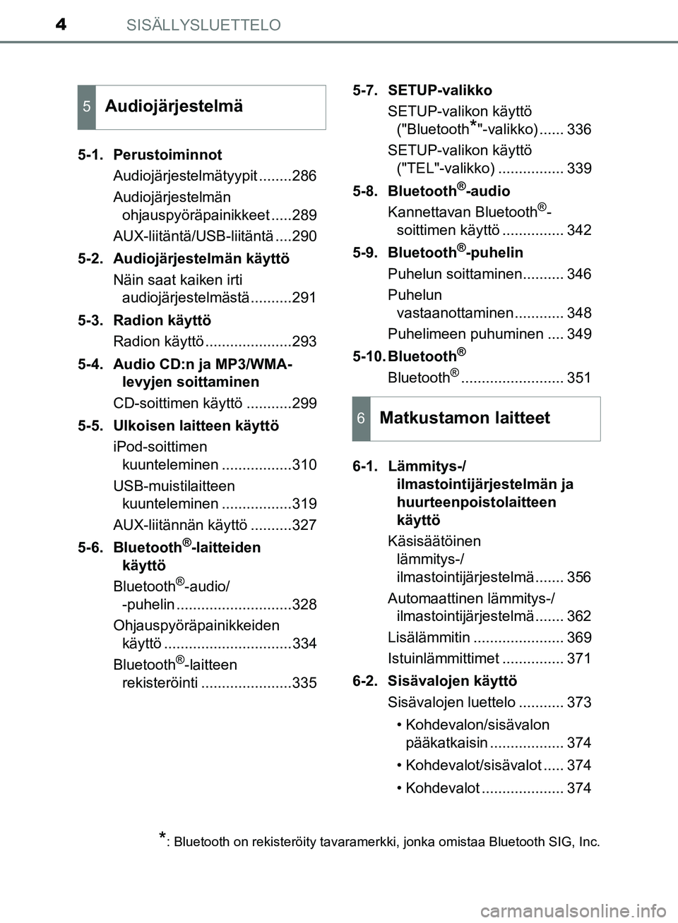 TOYOTA AVENSIS 2018  Omistajan Käsikirja (in Finnish) SISÄLLYSLUETTELO4
OM20C79FI5-1. Perustoiminnot
Audiojärjestelmätyypit ........286
Audiojärjestelmän ohjauspyöräpainikkeet .....289
AUX-liitäntä/USB-liitäntä ....290
5-2. Audiojärjestelmän