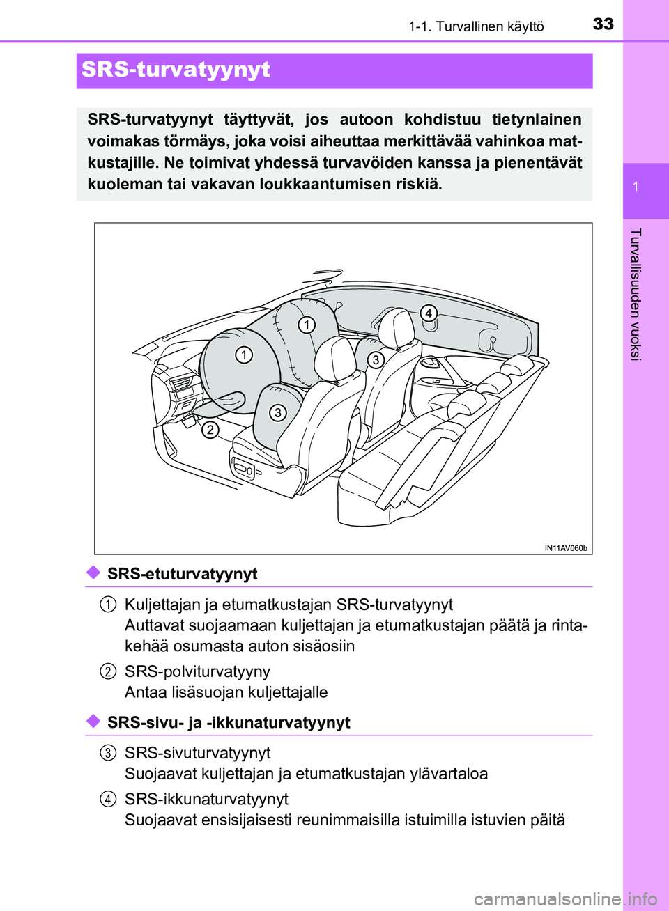TOYOTA AVENSIS 2018  Omistajan Käsikirja (in Finnish) 331-1. Turvallinen käyttö
1
Turvallisuuden vuoksi
OM20C79FI
SRS-turvatyynyt
uSRS-etuturvatyynytKuljettajan ja etumatkustajan SRS-turvatyynyt
Auttavat suojaamaan kuljettajan ja etumatkustajan päät