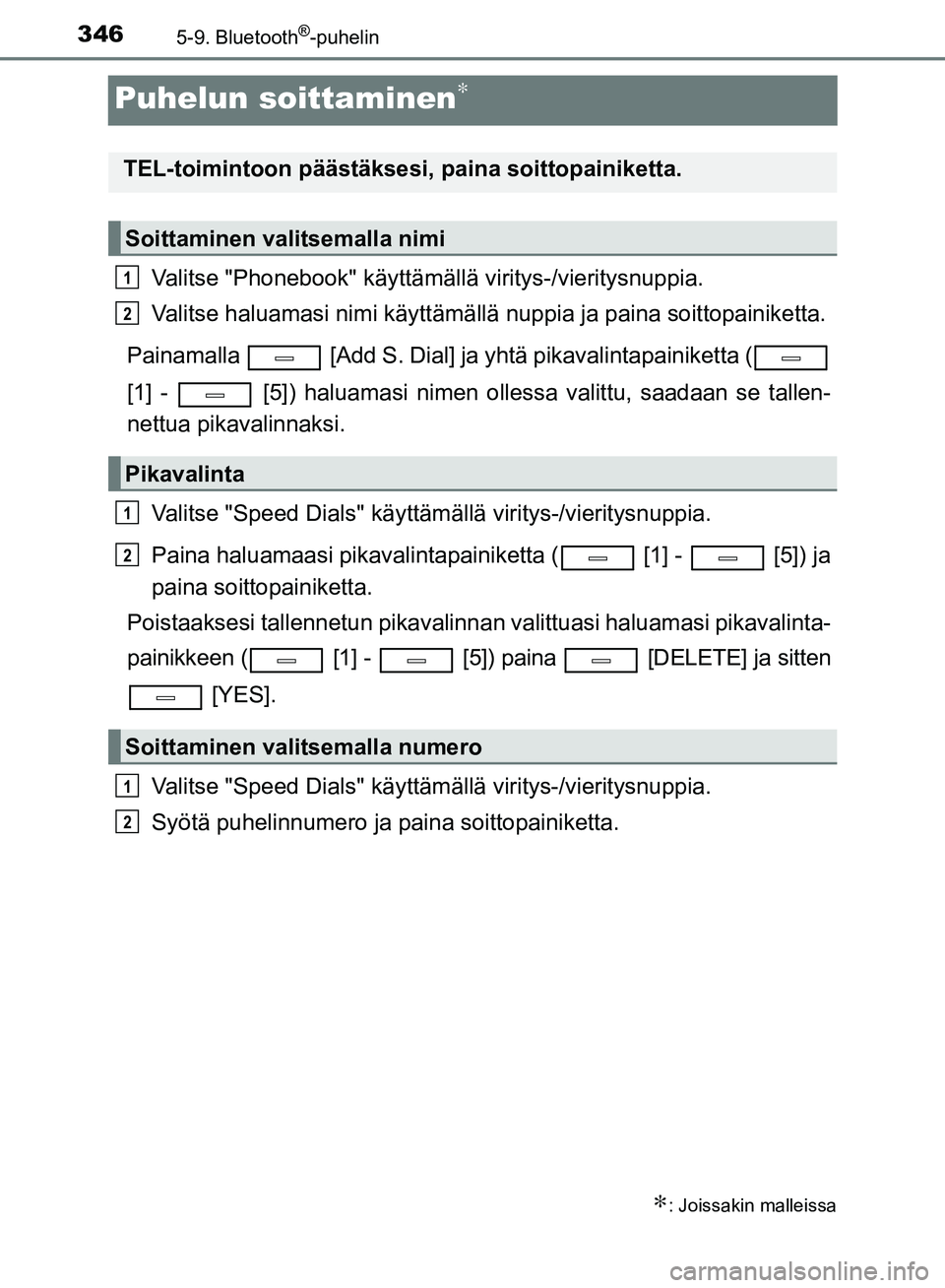 TOYOTA AVENSIS 2018  Omistajan Käsikirja (in Finnish) 3465-9. Bluetooth®-puhelin
OM20C79FI
Puhelun soittaminen∗
Valitse "Phonebook" käyttämällä viritys-/vieritysnuppia.
Valitse haluamasi nimi käyttämällä nuppia ja paina soittopainiketta.
Paina