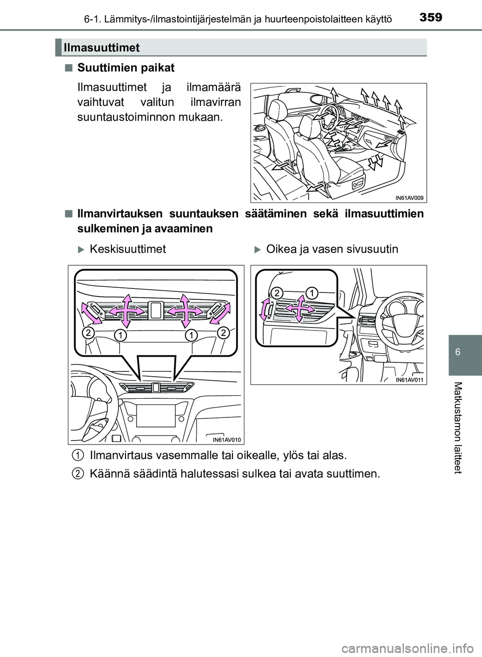 TOYOTA AVENSIS 2018 Omistajan Käsikirja (in Finnish) 3596-1. Lämmitys-/ilmastointijärjestelmän ja huurteenpoistolaitteen käyttö
OM20C79FI
6
Matkustamon laitteet
nSuuttimien paikat
Ilmasuuttimet ja ilmamäärä
vaihtuvat valitun ilmavirran
suuntaust TOYOTA AVENSIS 2018 Omistajan Käsikirja (in Finnish) 3596-1. Lämmitys-/ilmastointijärjestelmän ja huurteenpoistolaitteen käyttö
OM20C79FI
6
Matkustamon laitteet
nSuuttimien paikat
Ilmasuuttimet ja ilmamäärä
vaihtuvat valitun ilmavirran
suuntaust