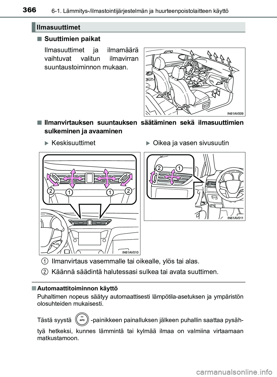 TOYOTA AVENSIS 2018 Omistajan Käsikirja (in Finnish) 3666-1. Lämmitys-/ilmastointijärjestelmän ja huurteenpoistolaitteen käyttö
OM20C79FIn
Suuttimien paikat
Ilmasuuttimet ja ilmamäärä
vaihtuvat valitun ilmavirran
suuntaustoiminnon mukaan.
nIlman TOYOTA AVENSIS 2018 Omistajan Käsikirja (in Finnish) 3666-1. Lämmitys-/ilmastointijärjestelmän ja huurteenpoistolaitteen käyttö
OM20C79FIn
Suuttimien paikat
Ilmasuuttimet ja ilmamäärä
vaihtuvat valitun ilmavirran
suuntaustoiminnon mukaan.
nIlman