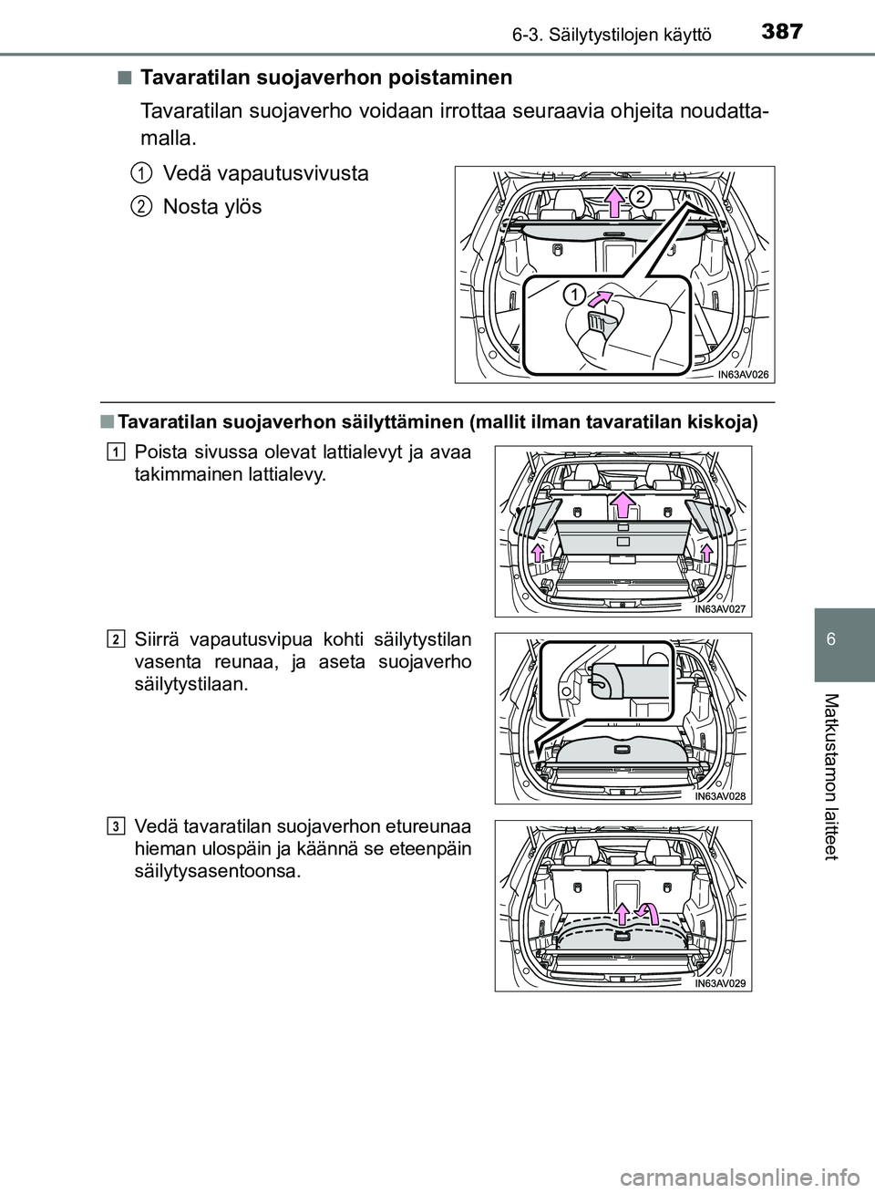 TOYOTA AVENSIS 2018  Omistajan Käsikirja (in Finnish) 3876-3. Säilytystilojen käyttö
OM20C79FI
6
Matkustamon laitteet
nTavaratilan suojaverhon poistaminen
Tavaratilan suojaverho voidaan irrottaa seuraavia ohjeita noudatta-
malla.
Vedä vapautusvivusta